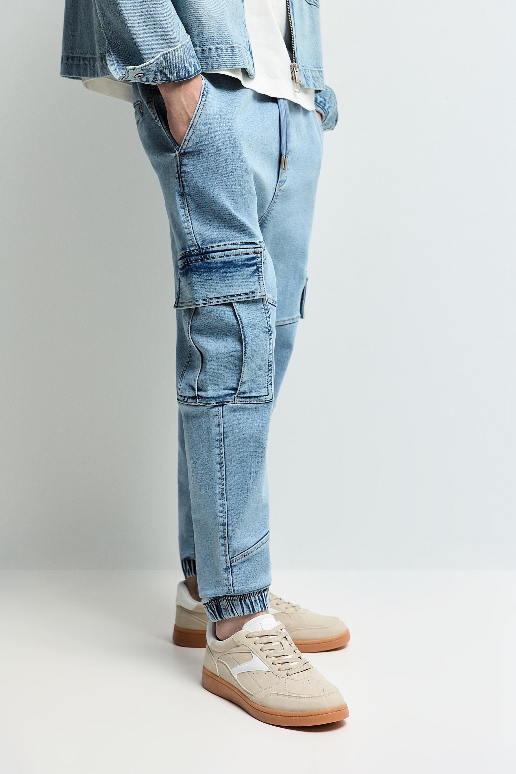 Fleece cargo jogger jeans — PALE BLUE