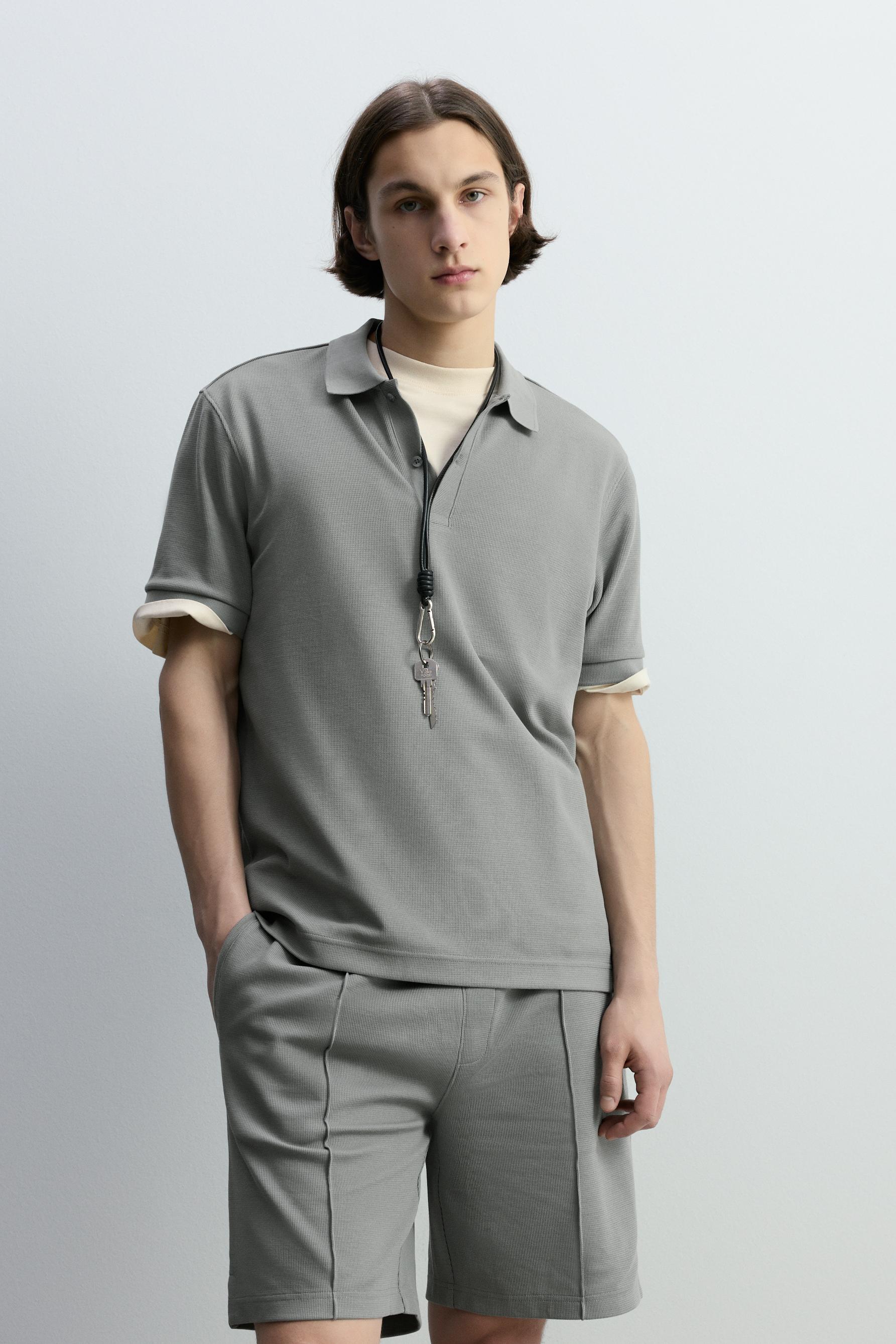 Basic textured polo shirt — BLUE GREY