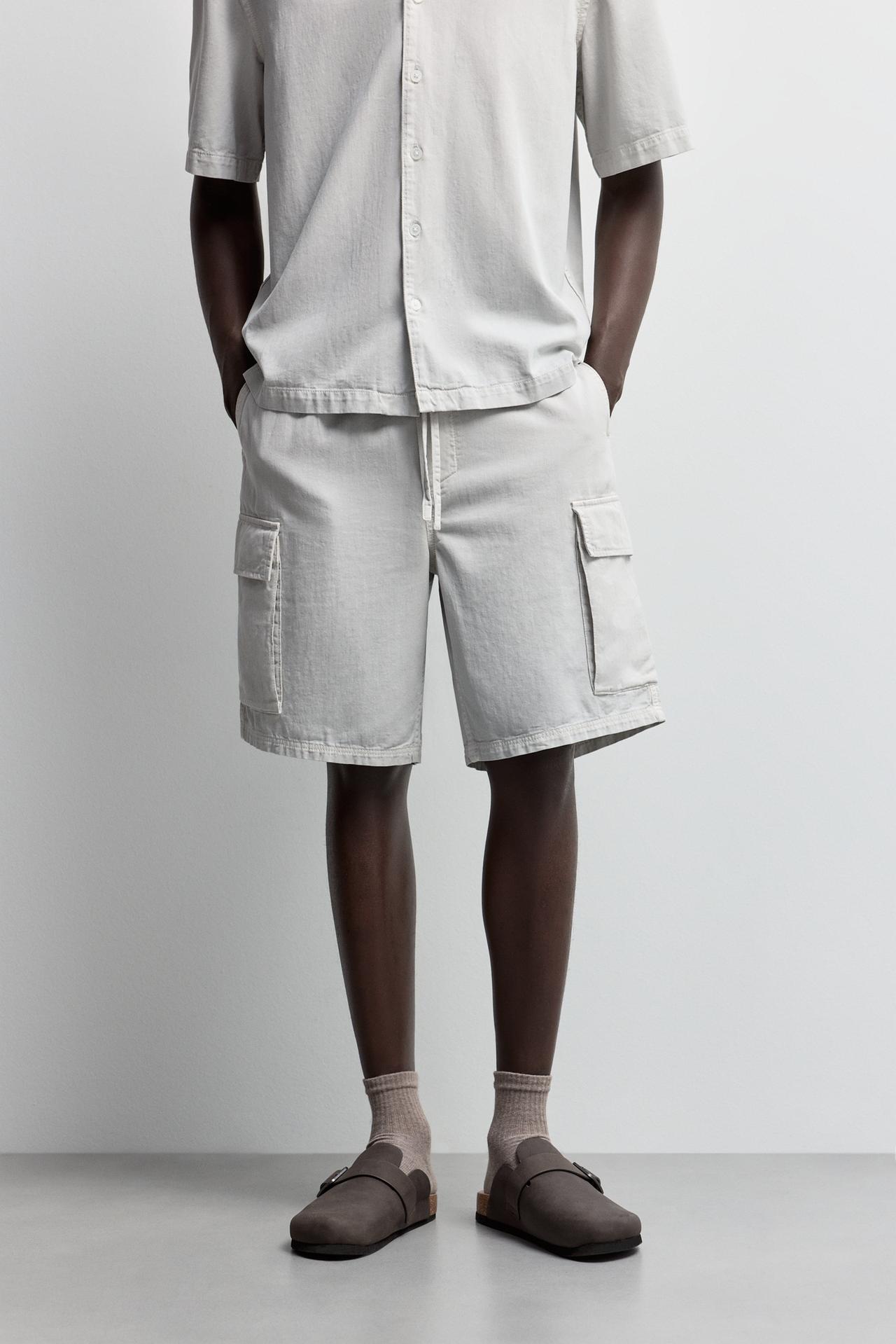 Cargo denim jogger Bermuda shorts — PALE GREY