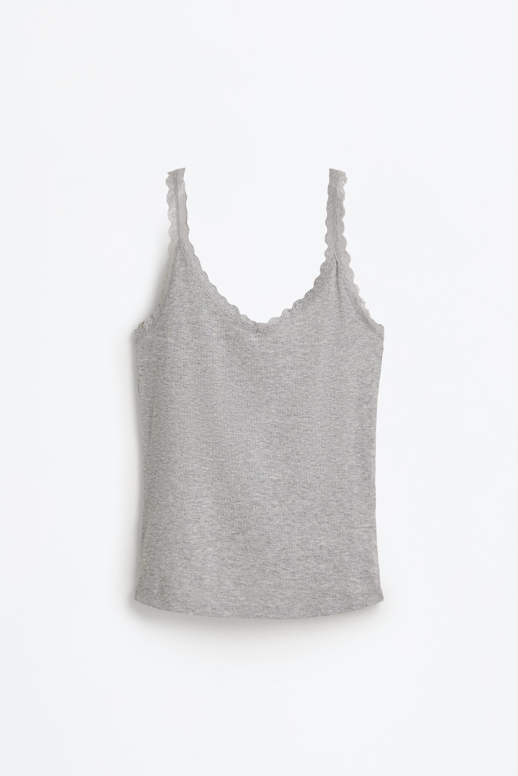 Ribbed top with blonde lace detail — GREY MARL
