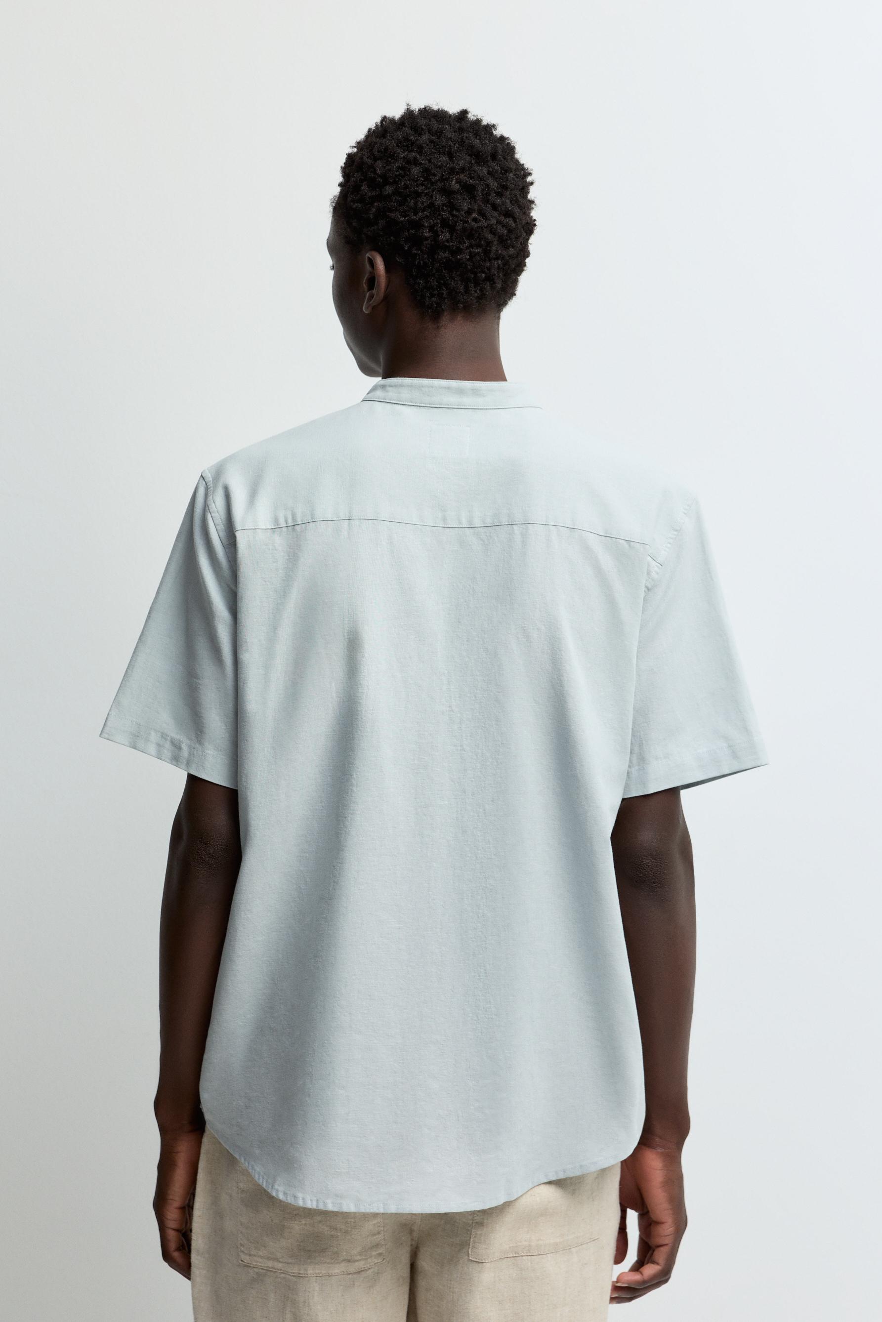 Linen-cotton stand collar shirt — PALE BLUE