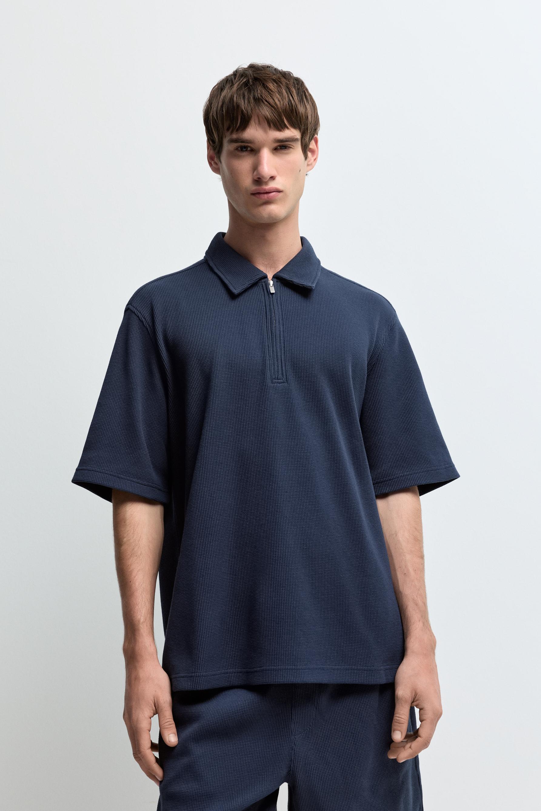 Waffle texture polo shirt — NAVY