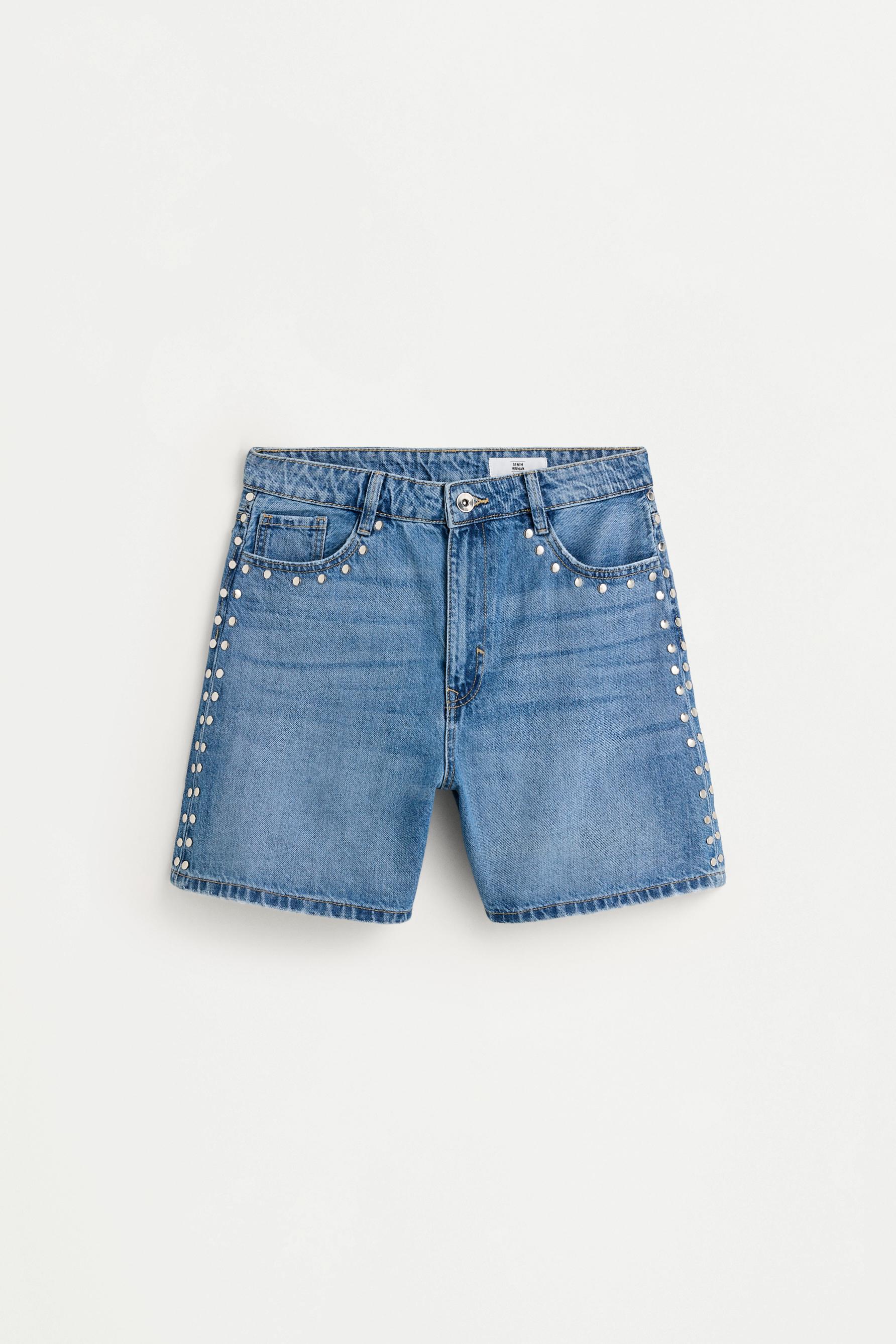 Studded denim Bermuda shorts — PALE INDIGO