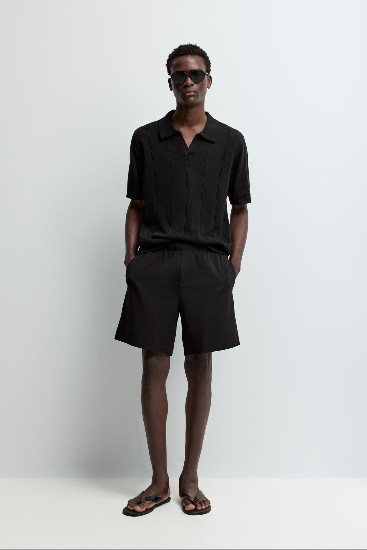 Openwork knit polo shirt — BLACK