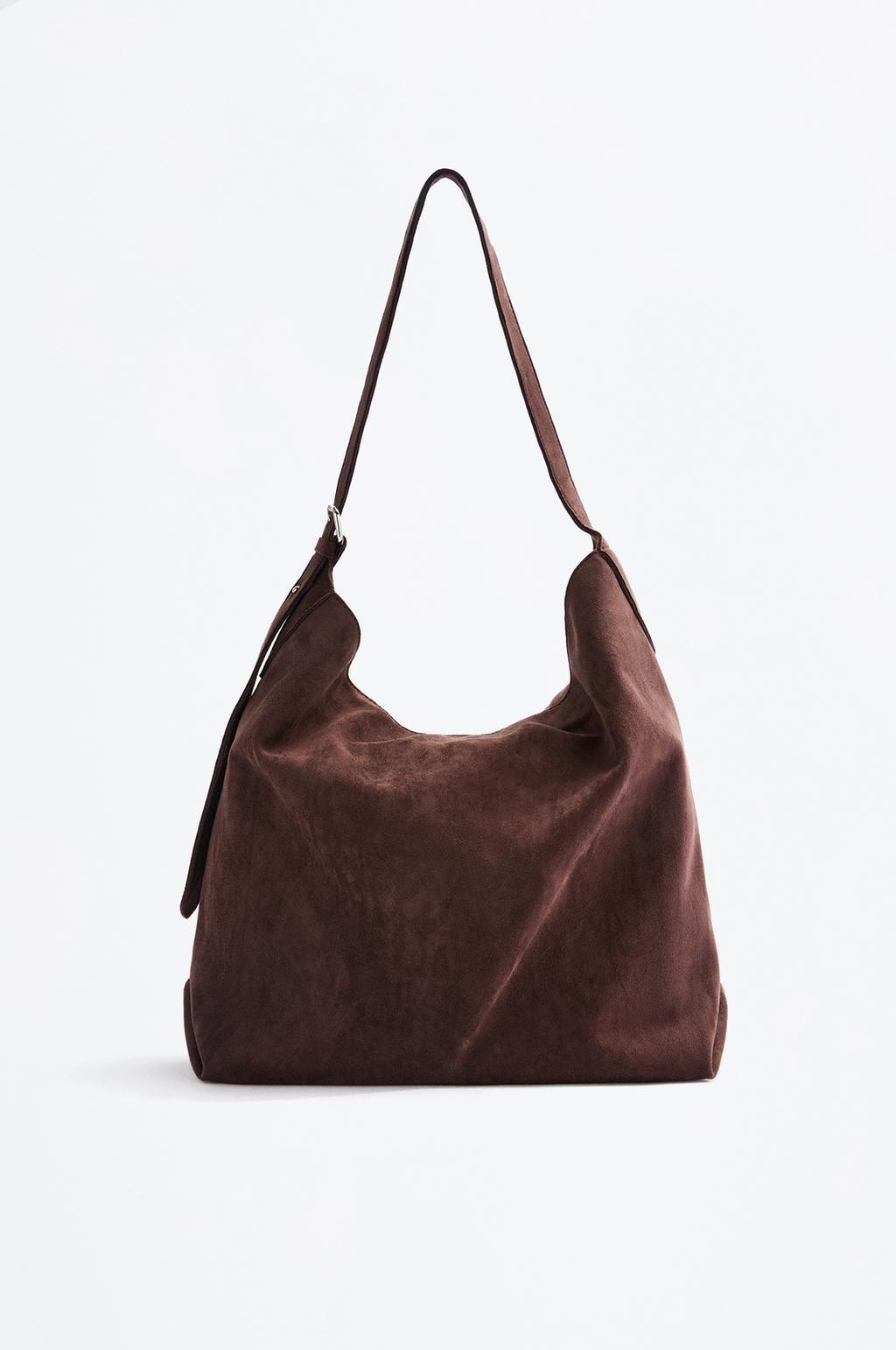 Faux suede bucket bag with buckle