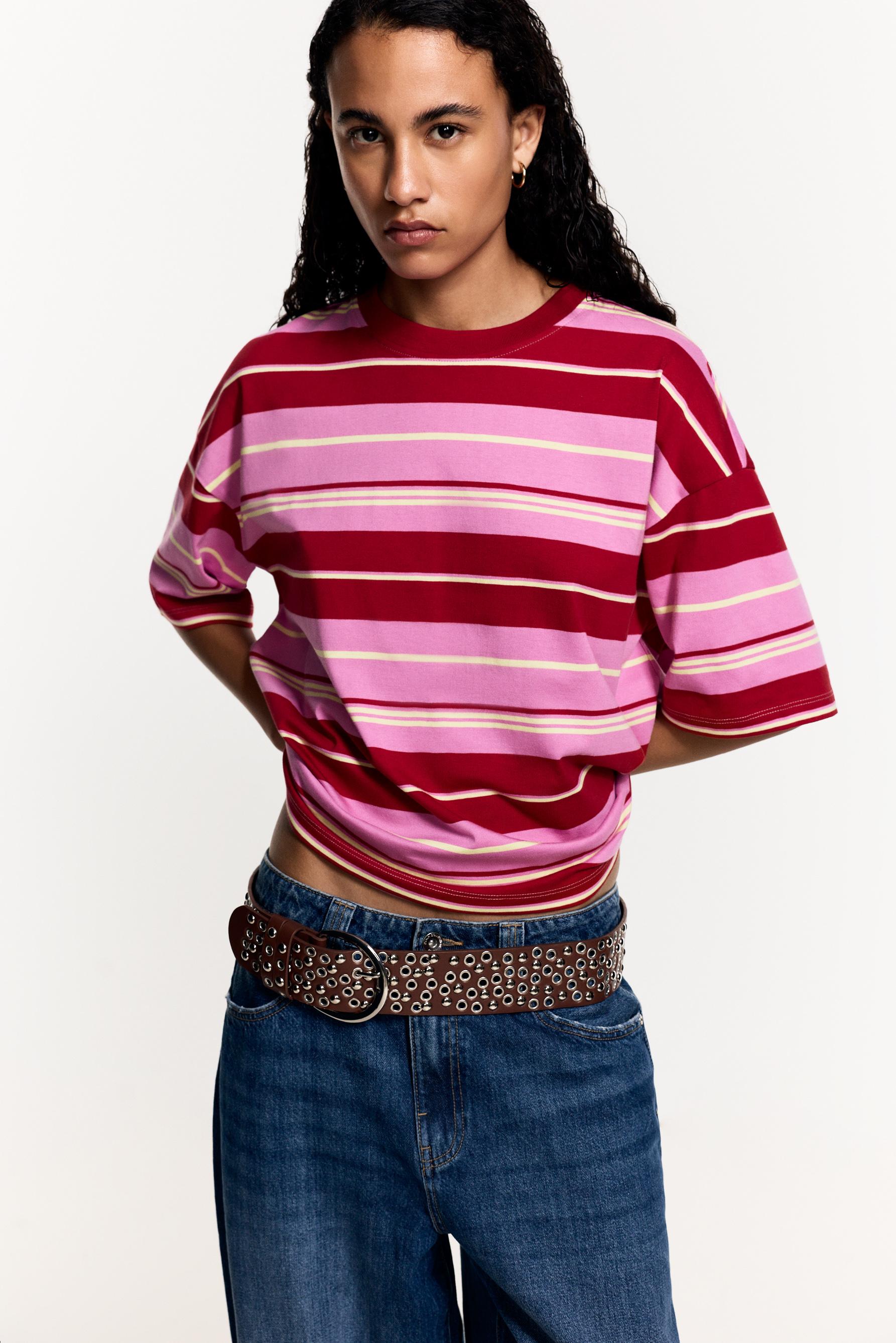 Women's Beige Striped T-Shirt — FUCHSIA