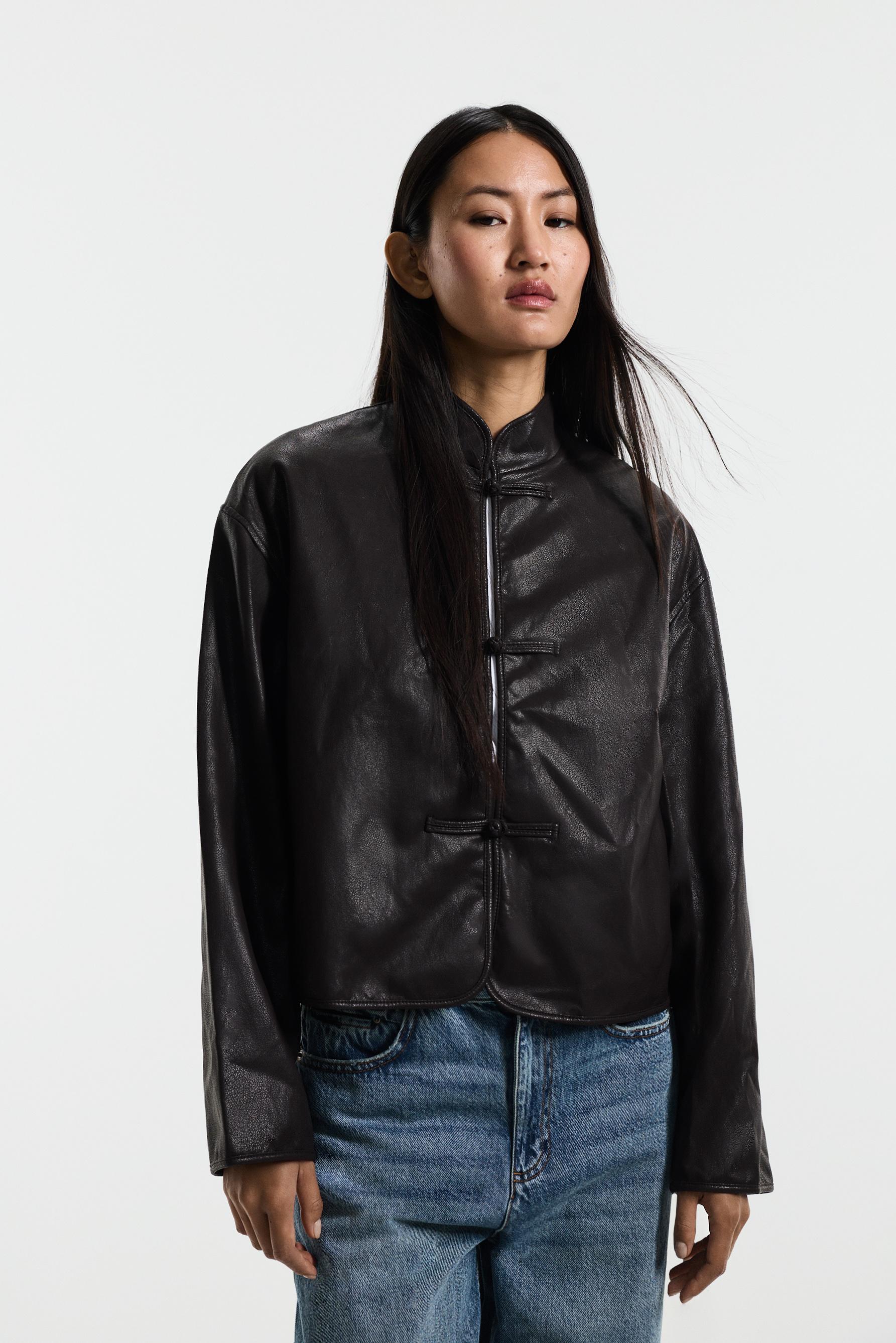 Leather effect short jacket — DARK BROWN