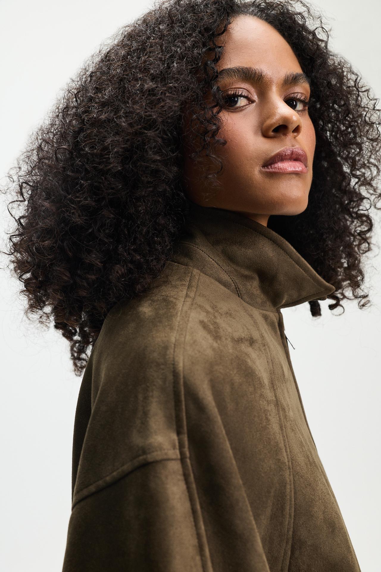 Puffed faux suede bomber jacket — DARK KHAKI
