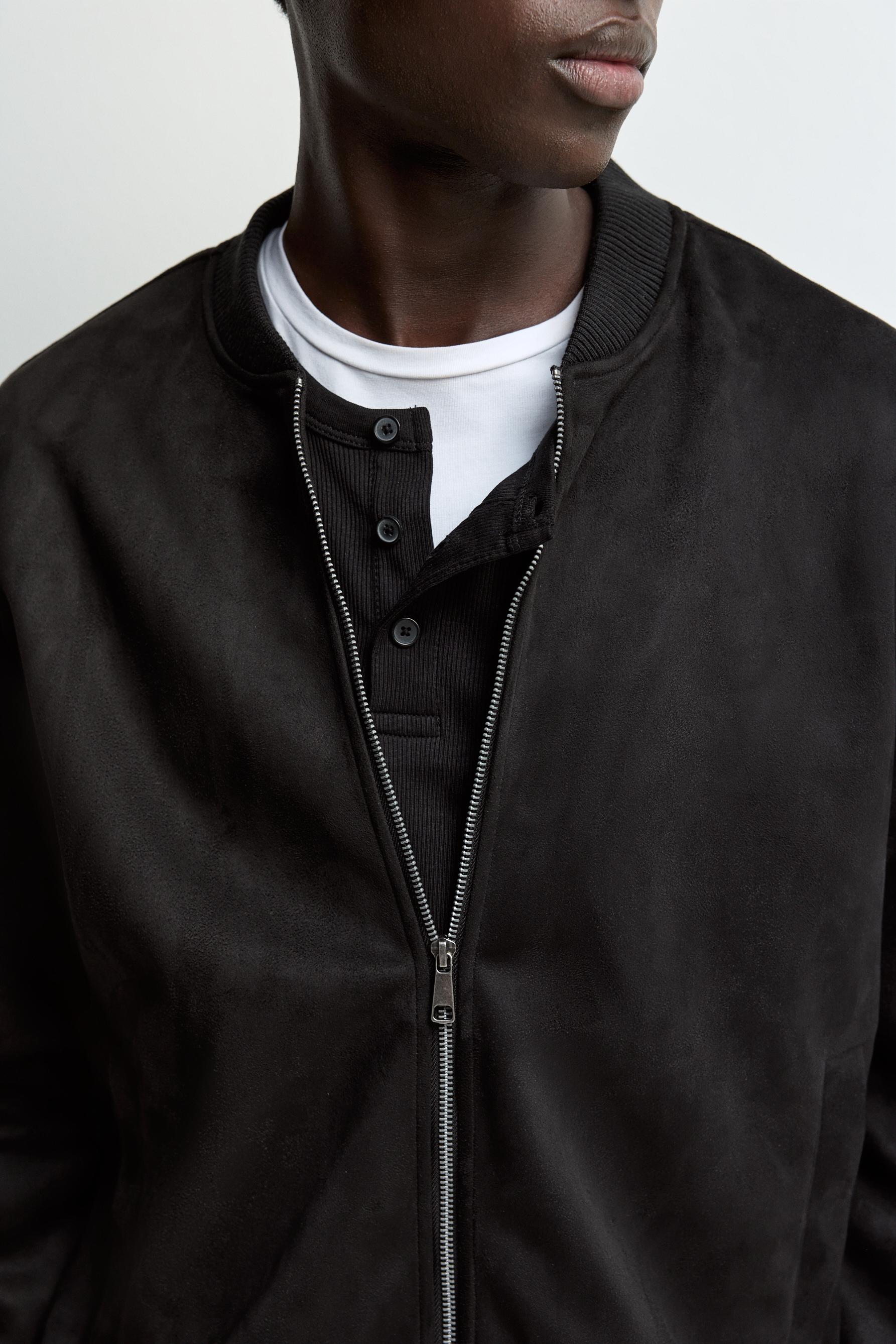 Faux suede bomber jacket — BLACK