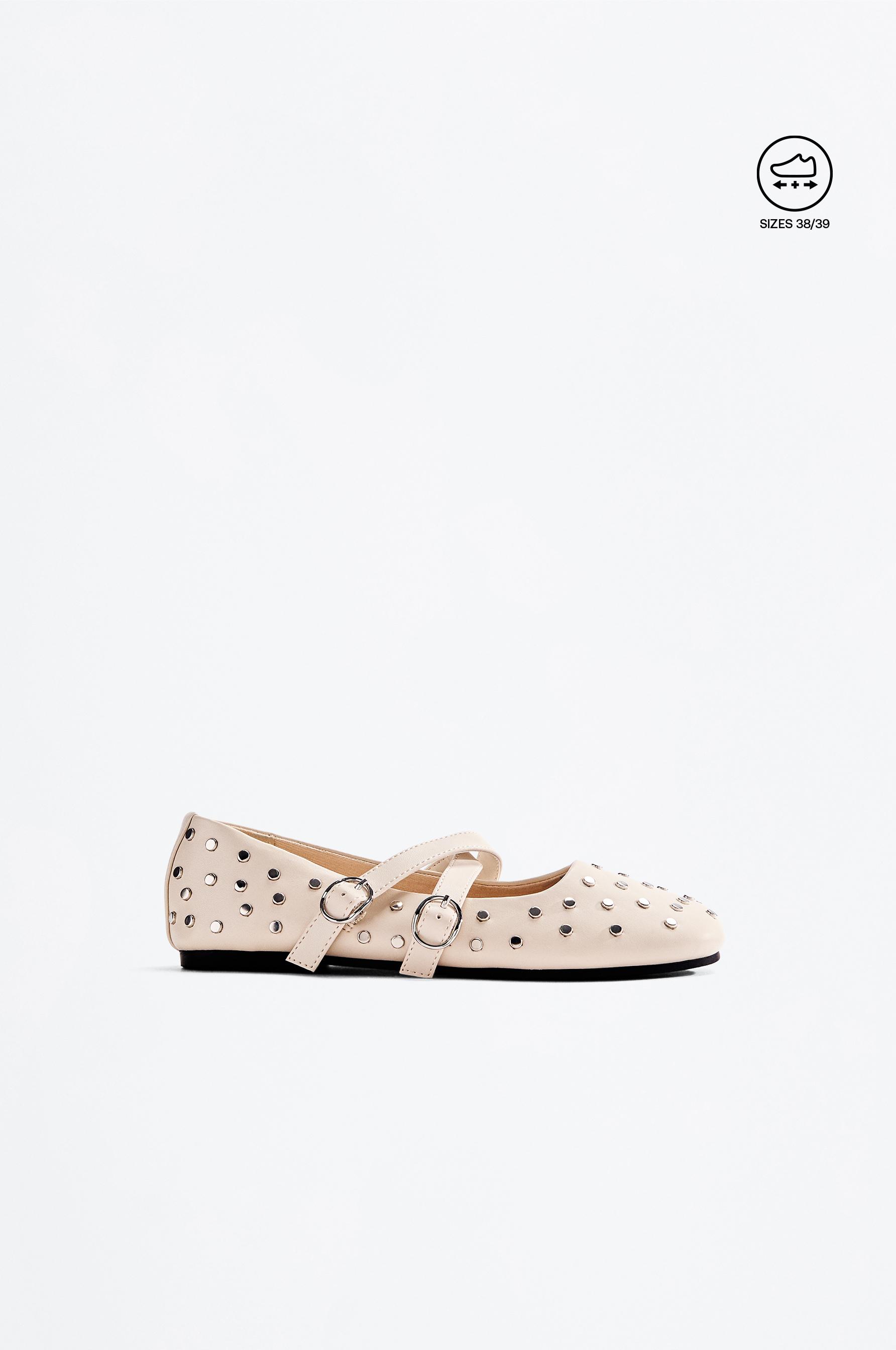 Girls' studded ballet flats — ECRU