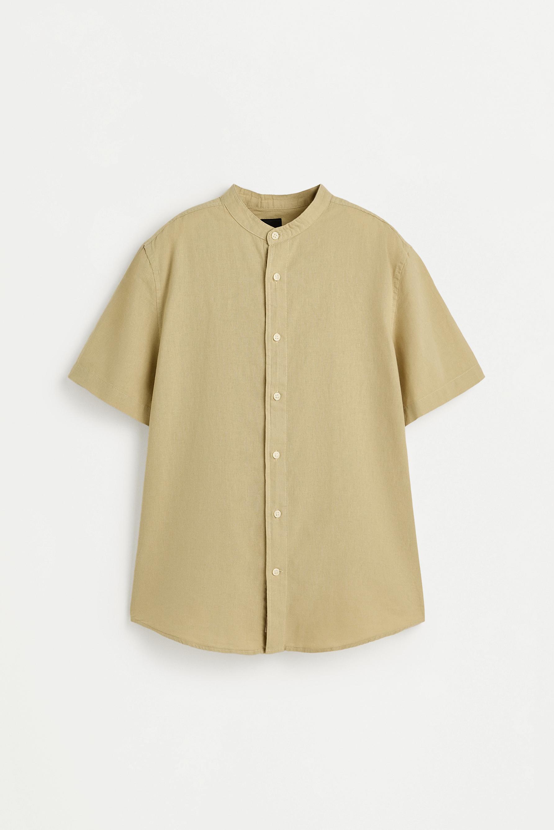 Linen-cotton stand collar shirt — YELLOW