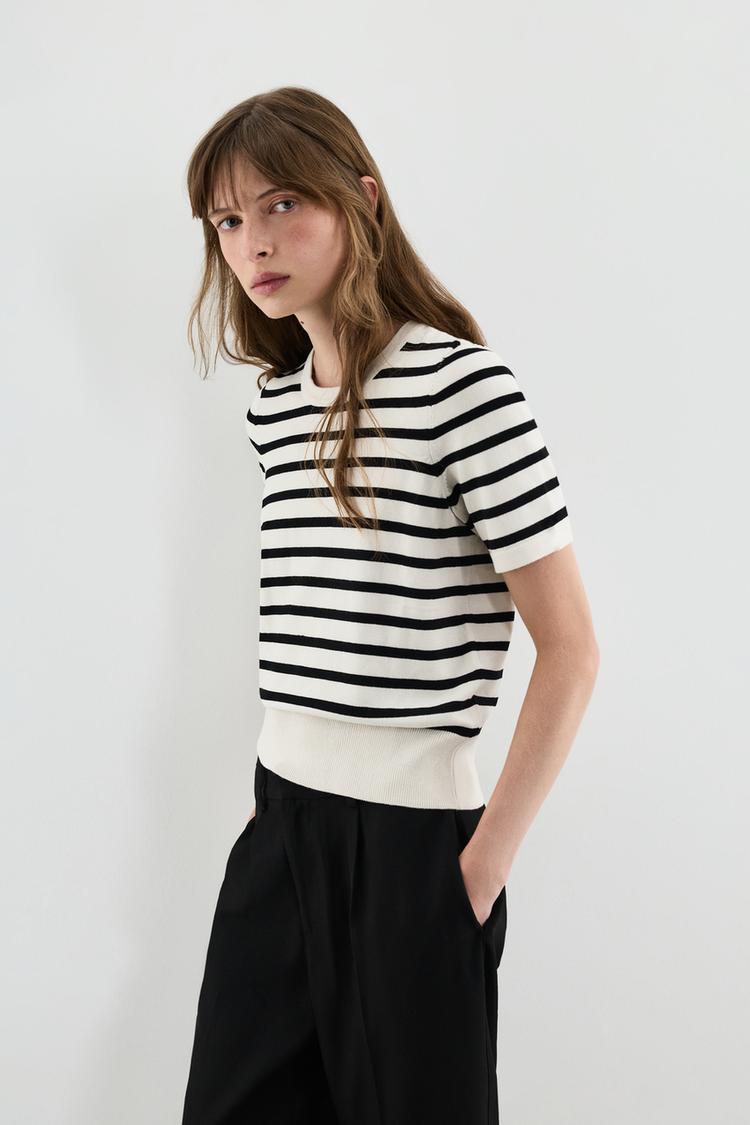 Basic short sleeve sweater — WHITE/BLACK