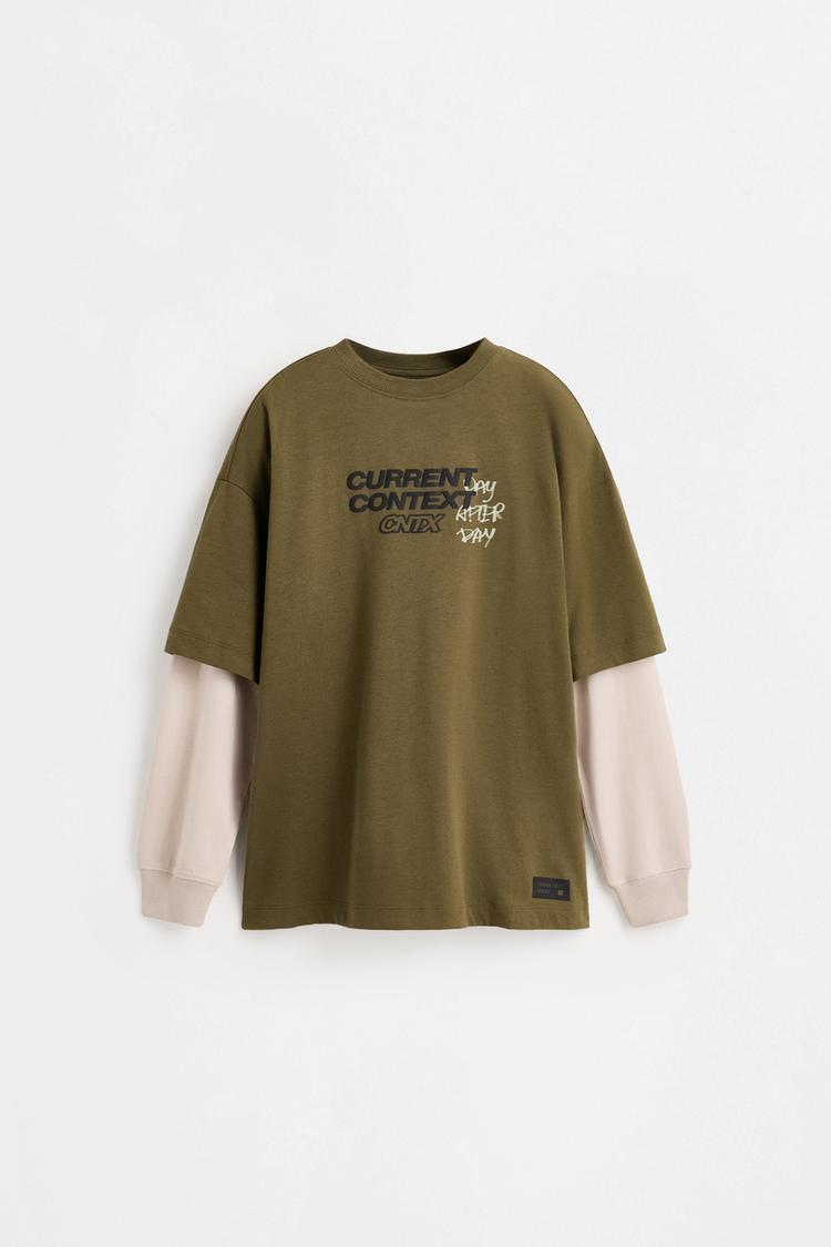 Printed double-sleeve T-shirt — KHAKI