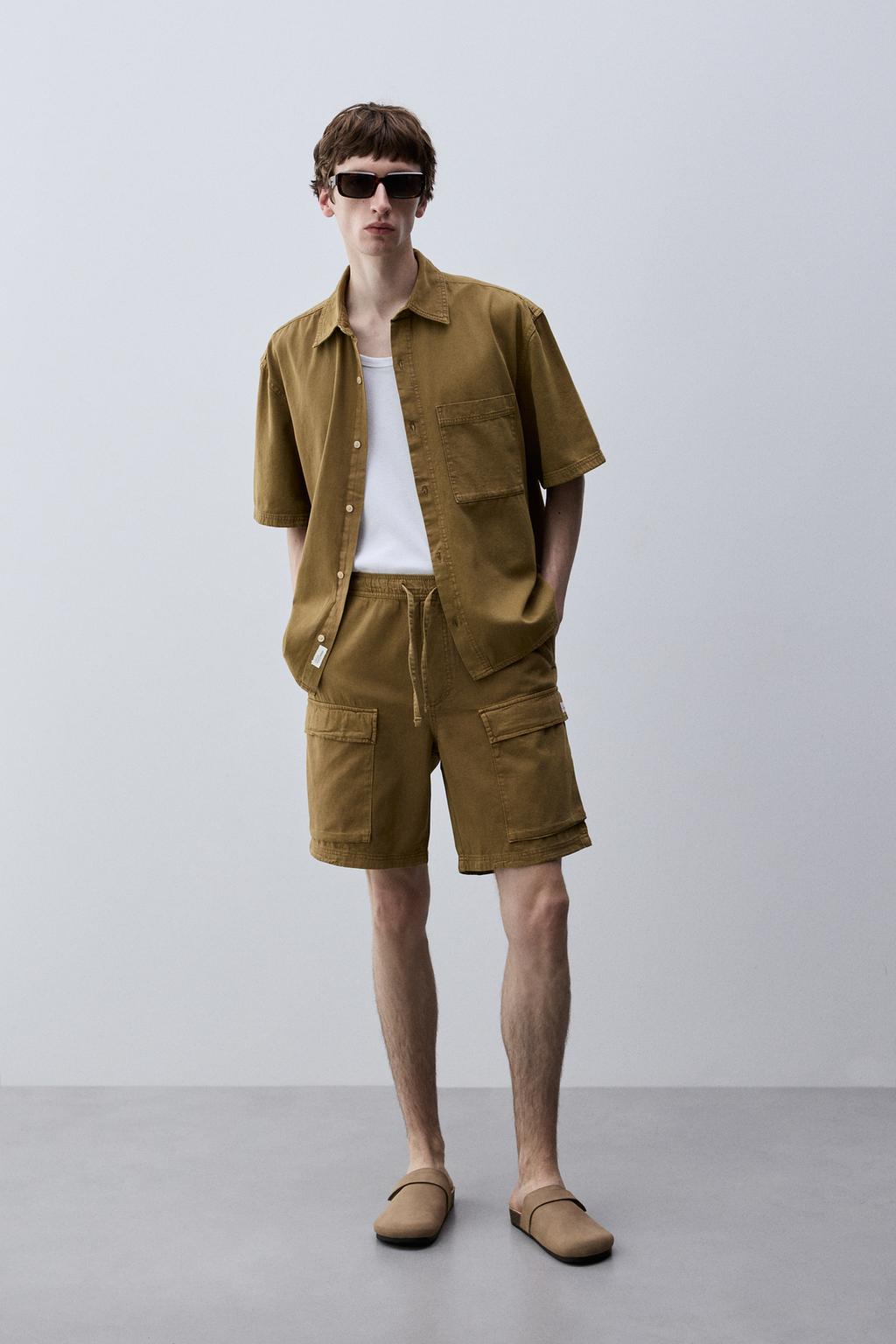 Calções bermuda denim jogger cargo leve