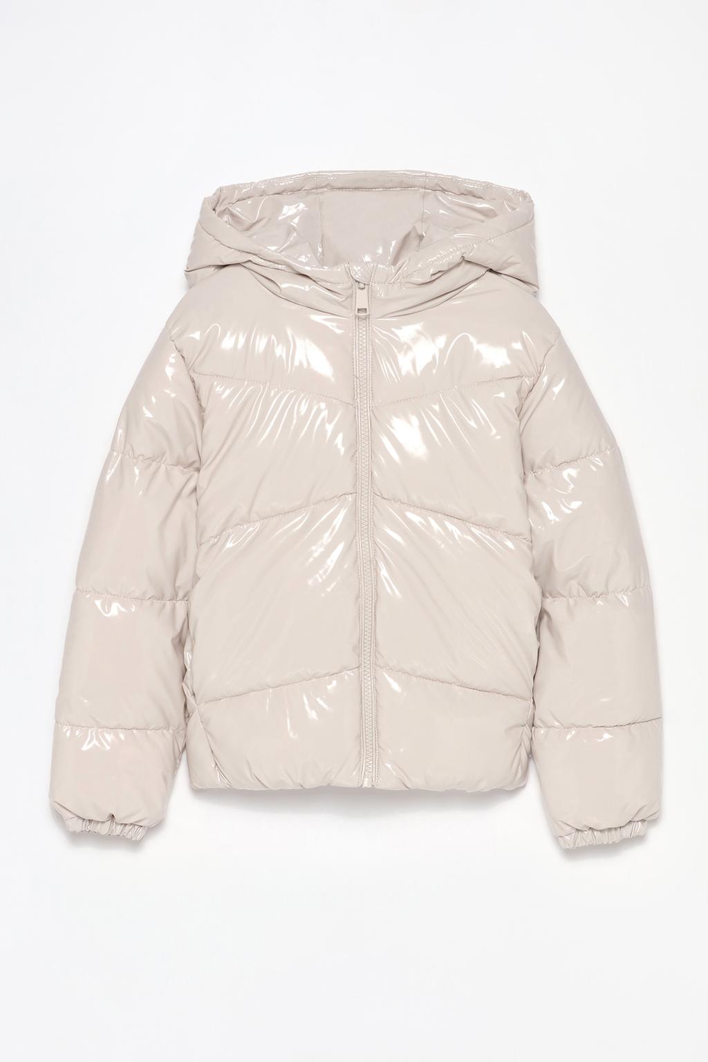 Faux patent puffer jacket