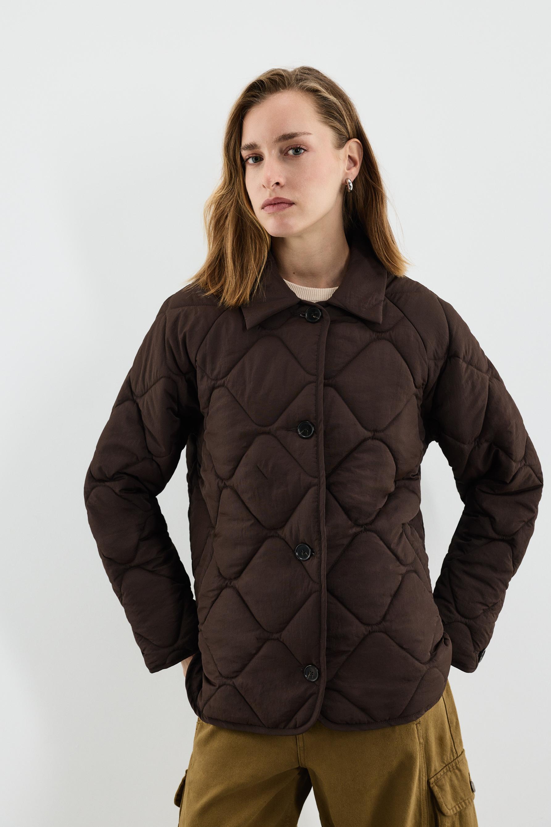 Quilted shirt collar jacket — CHOCOLATE