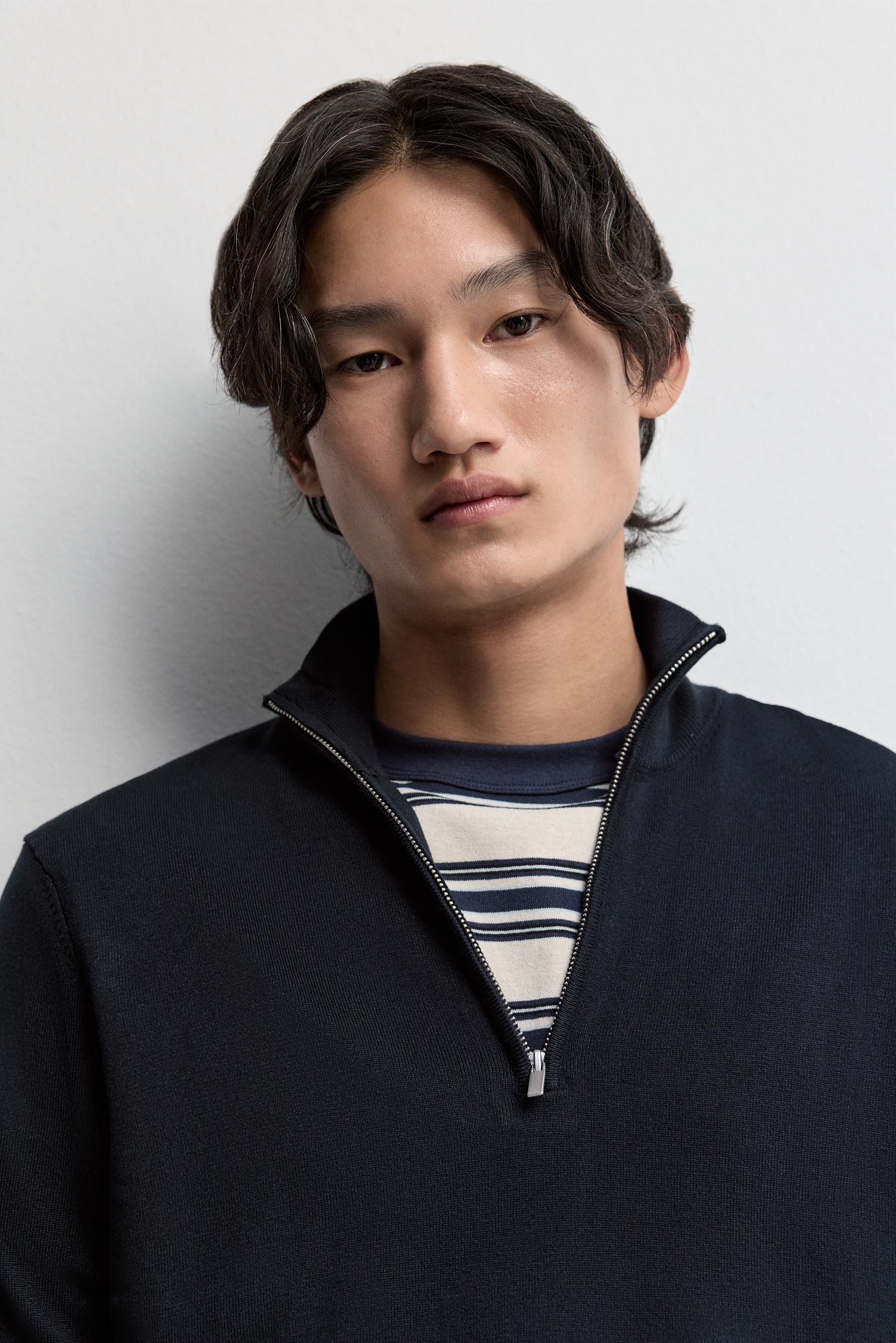 Zip-up high neck sweater — NAVY