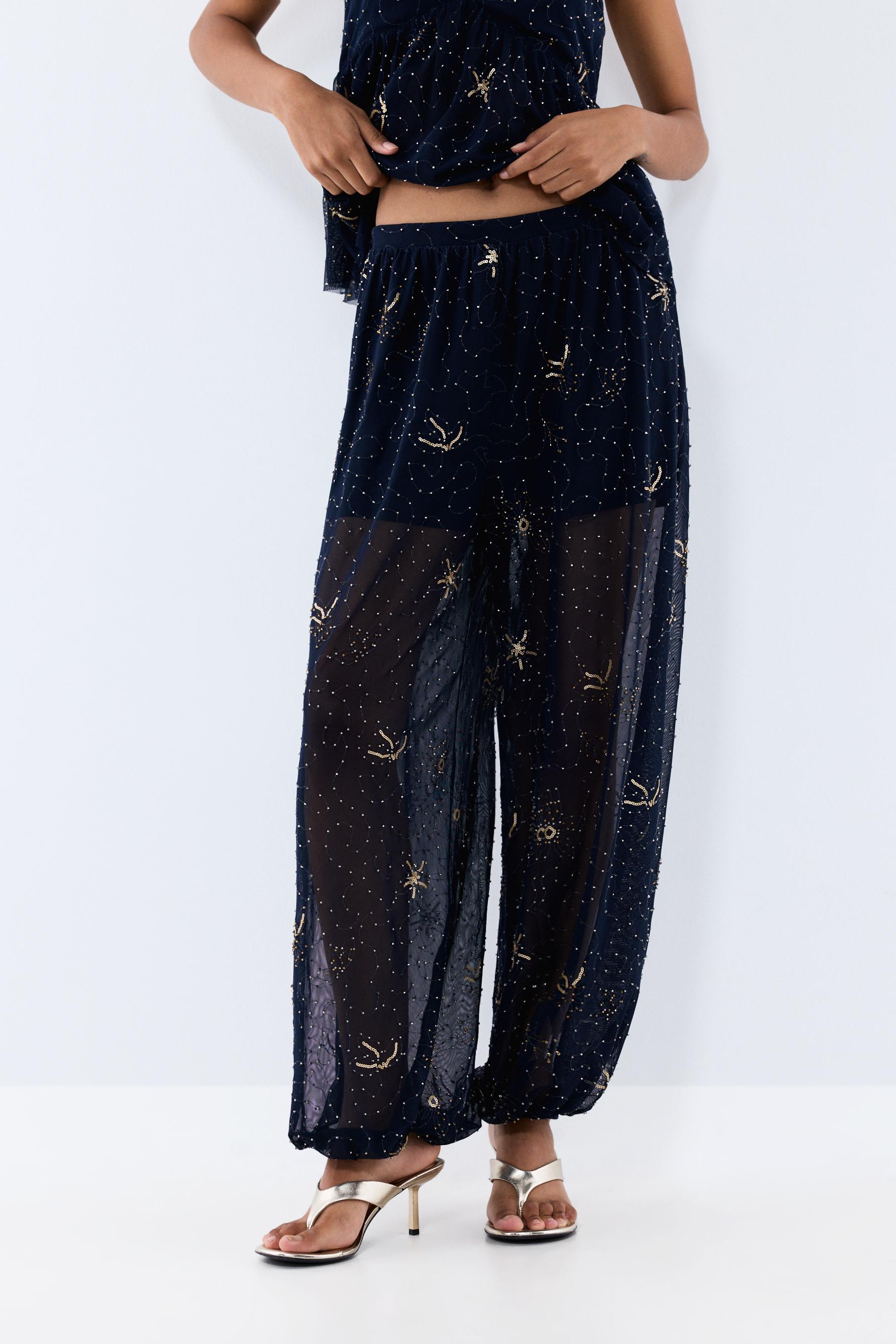 Rhinestone embroidered sarouel trousers — DARK NAVY