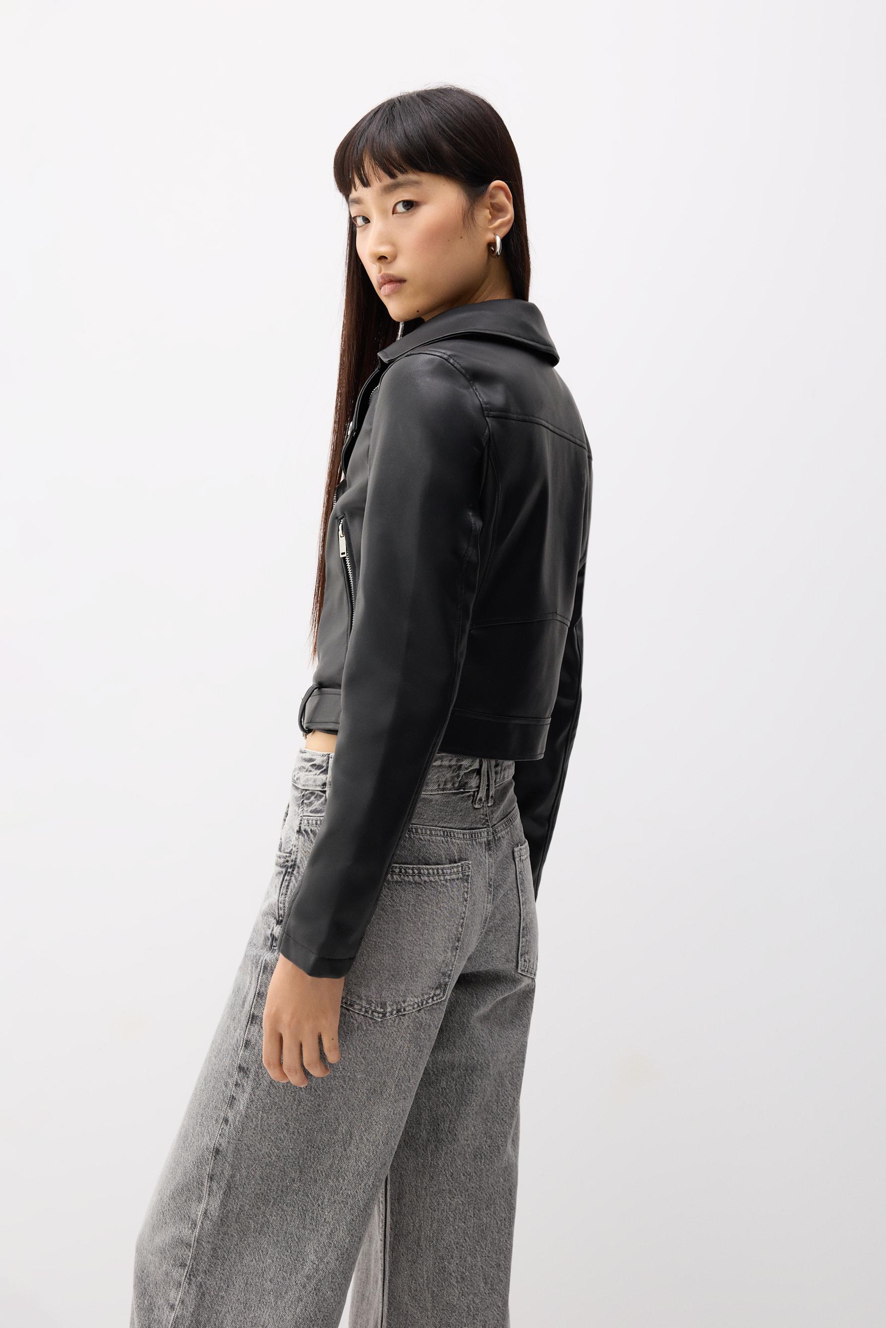 Leather-effect biker jacket — BLACK