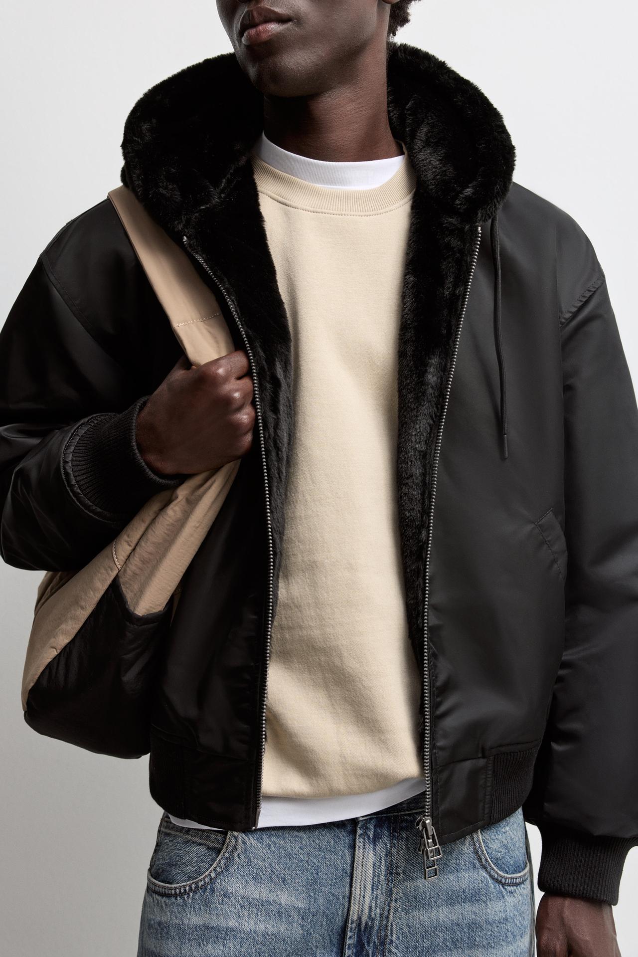 Fur bomber with hood — BLACK