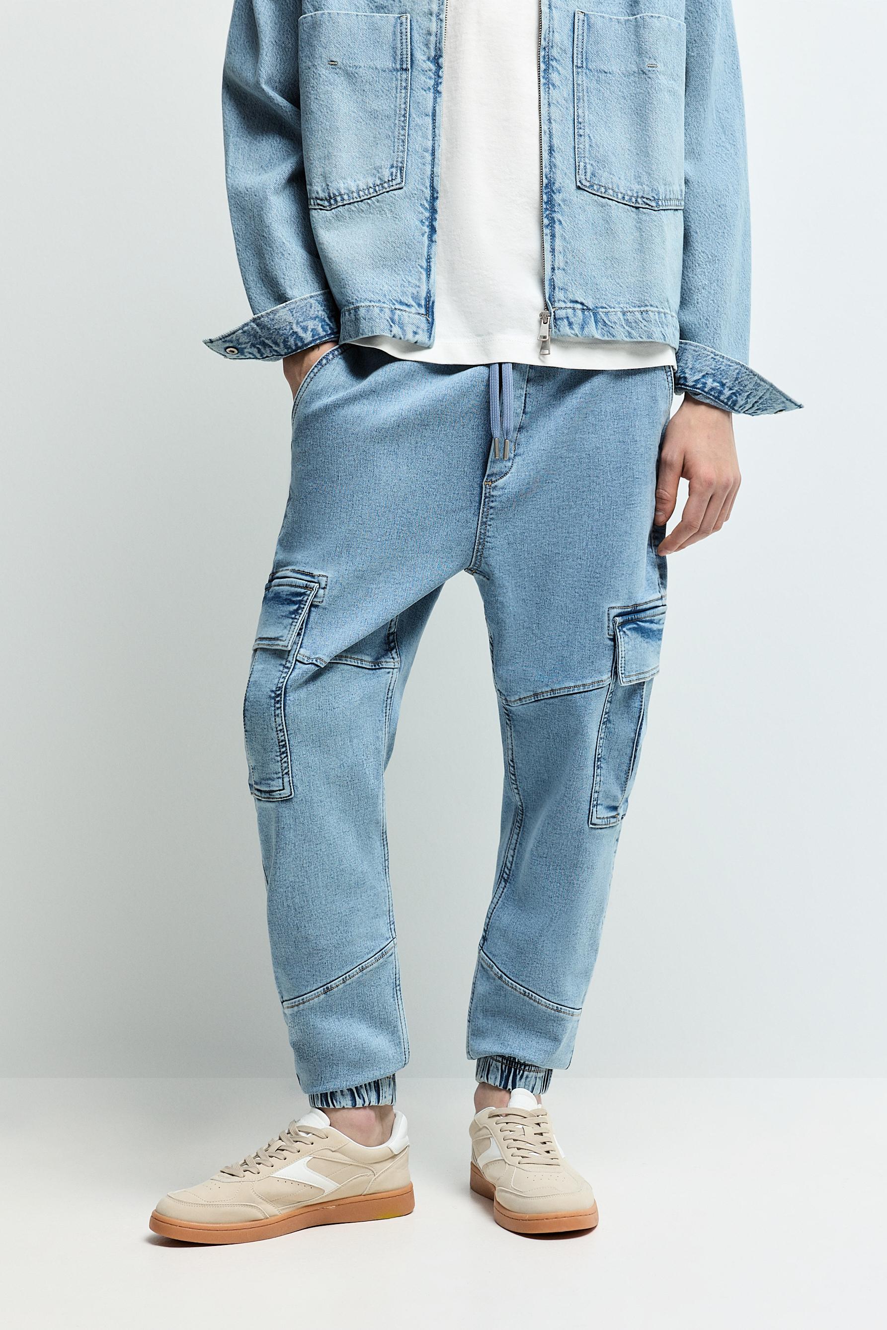 Fleece cargo jogger jeans — PALE BLUE