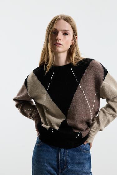 Diamond-textured sweater — ECRU/BROWN 1