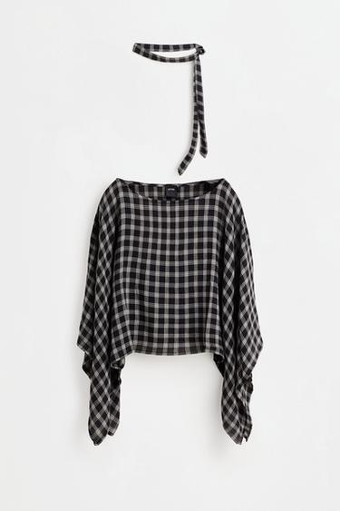 Plaid cape sleeve blouse — GREY TONES 1