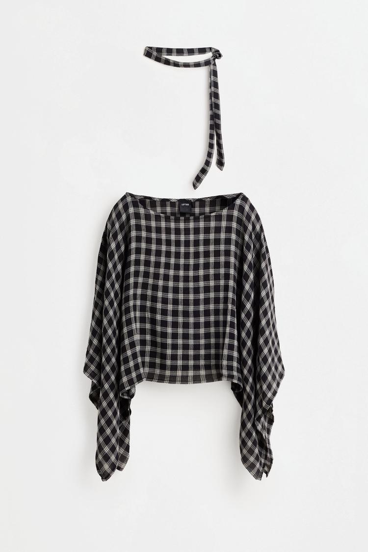 Plaid cape sleeve blouse — GREY TONES