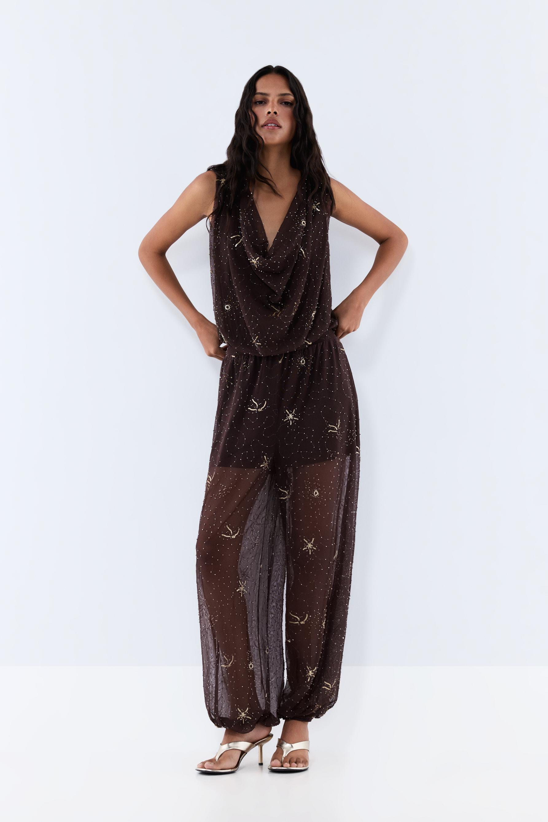 Rhinestone embroidered bodysuit — BROWN