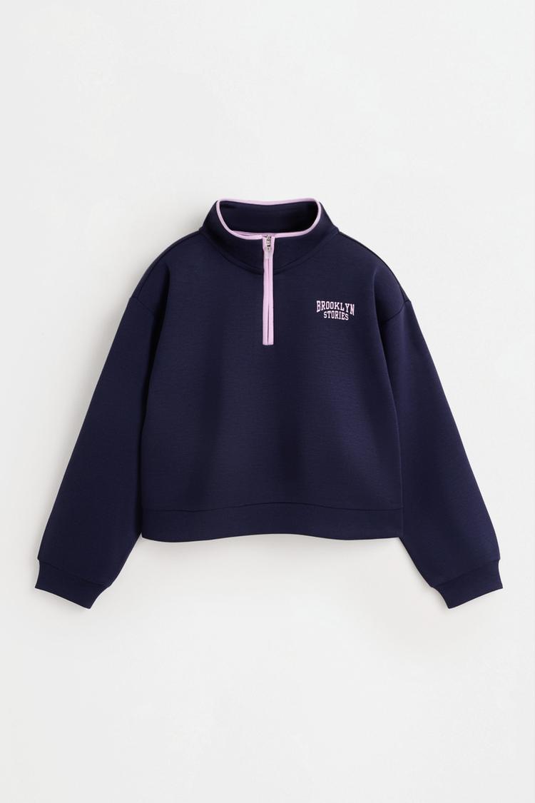 Rib-trim suede zip sweatshirt — NAVY