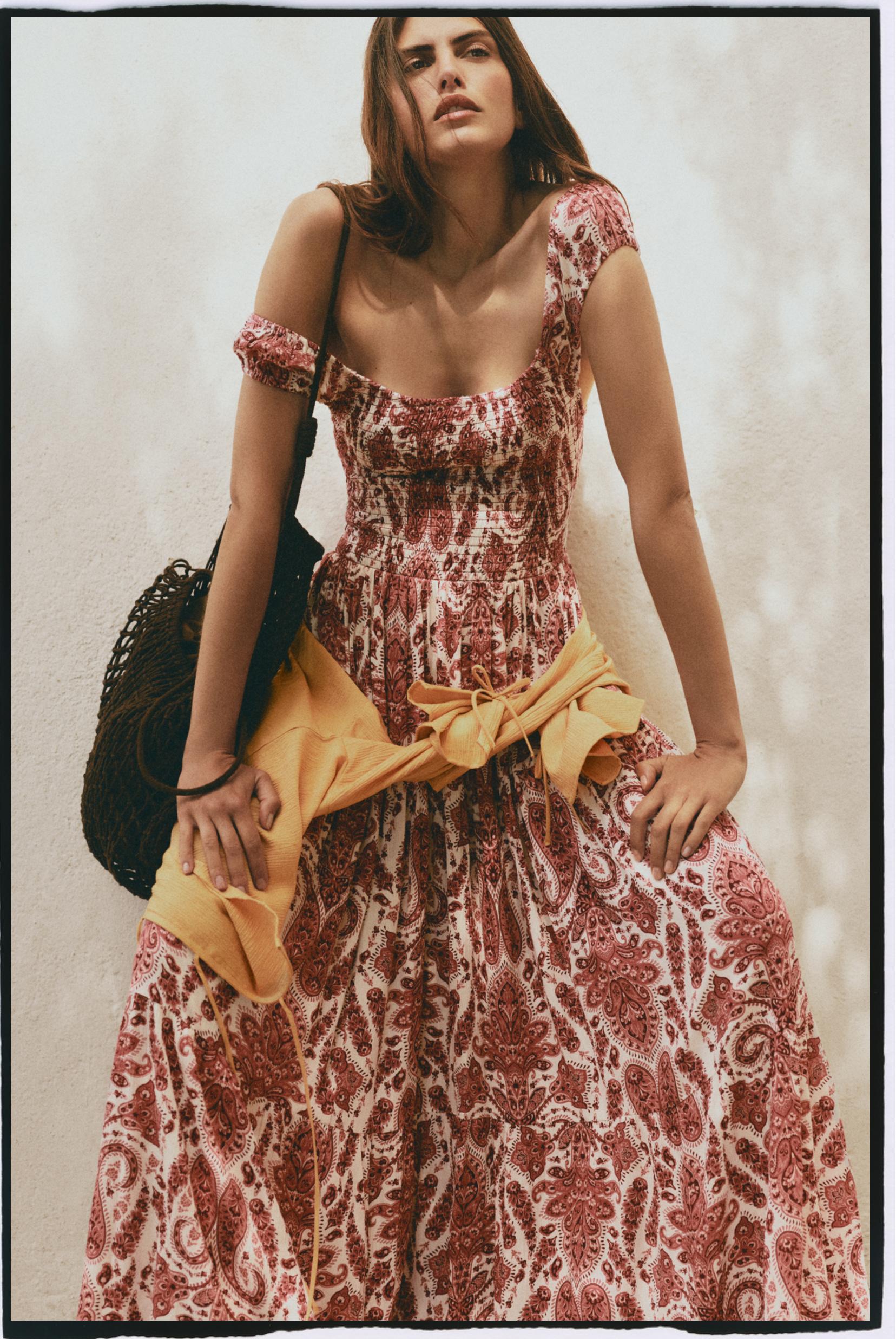 Smocked midi dress — BURGUNDY/ECRU