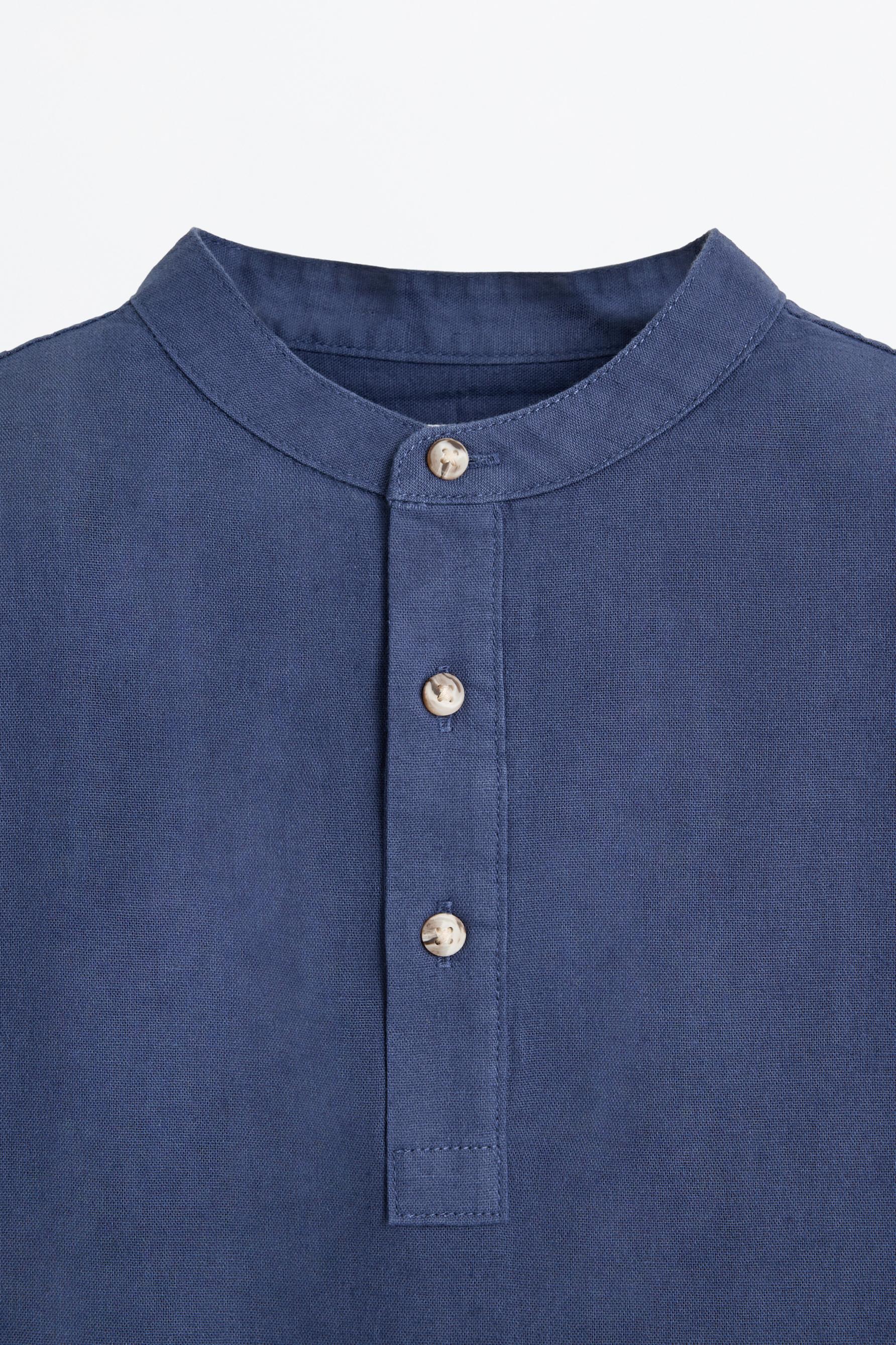 Linen-cotton stand collar shirt — DARK BLUE