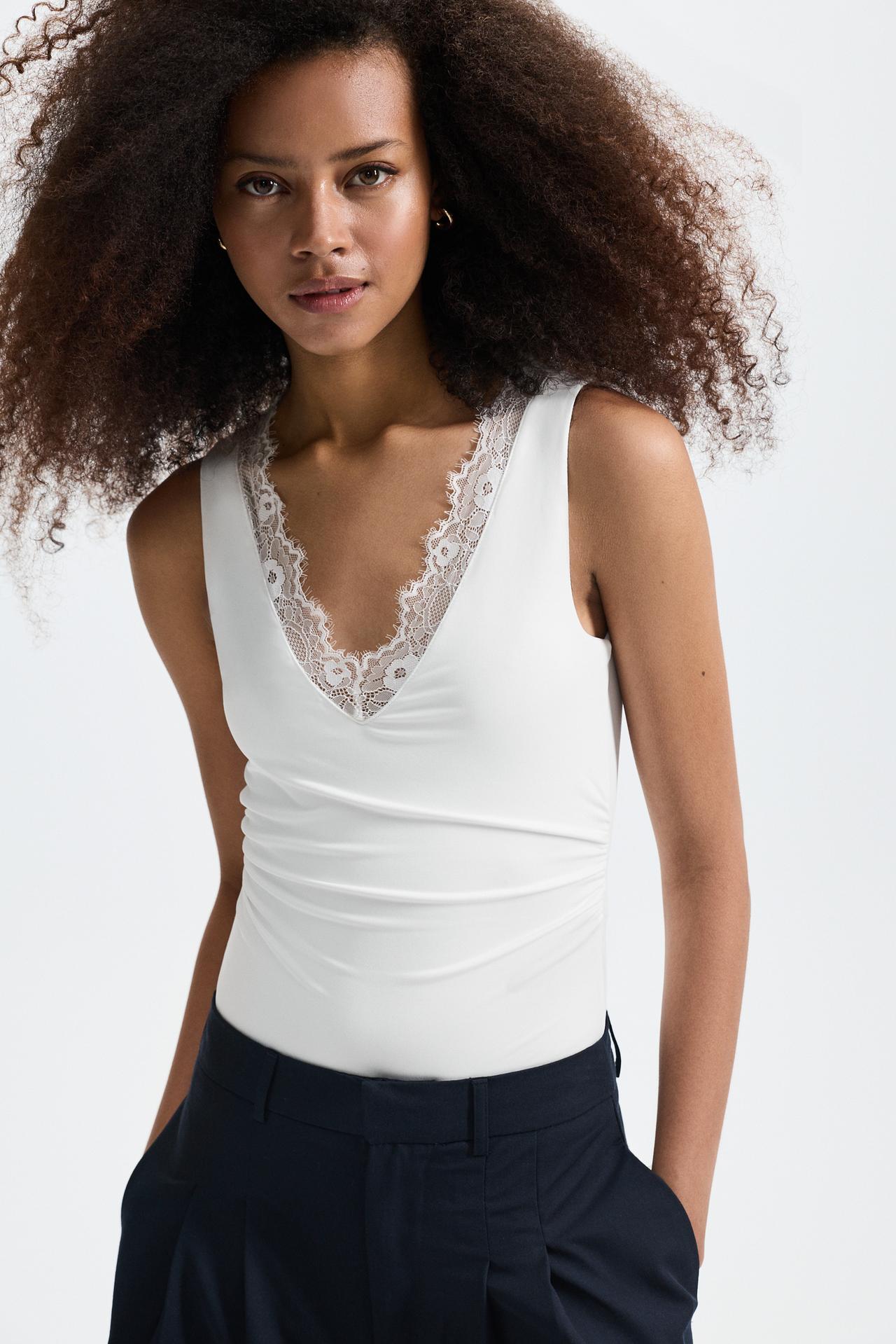 Lace V-neck bodysuit — WHITE