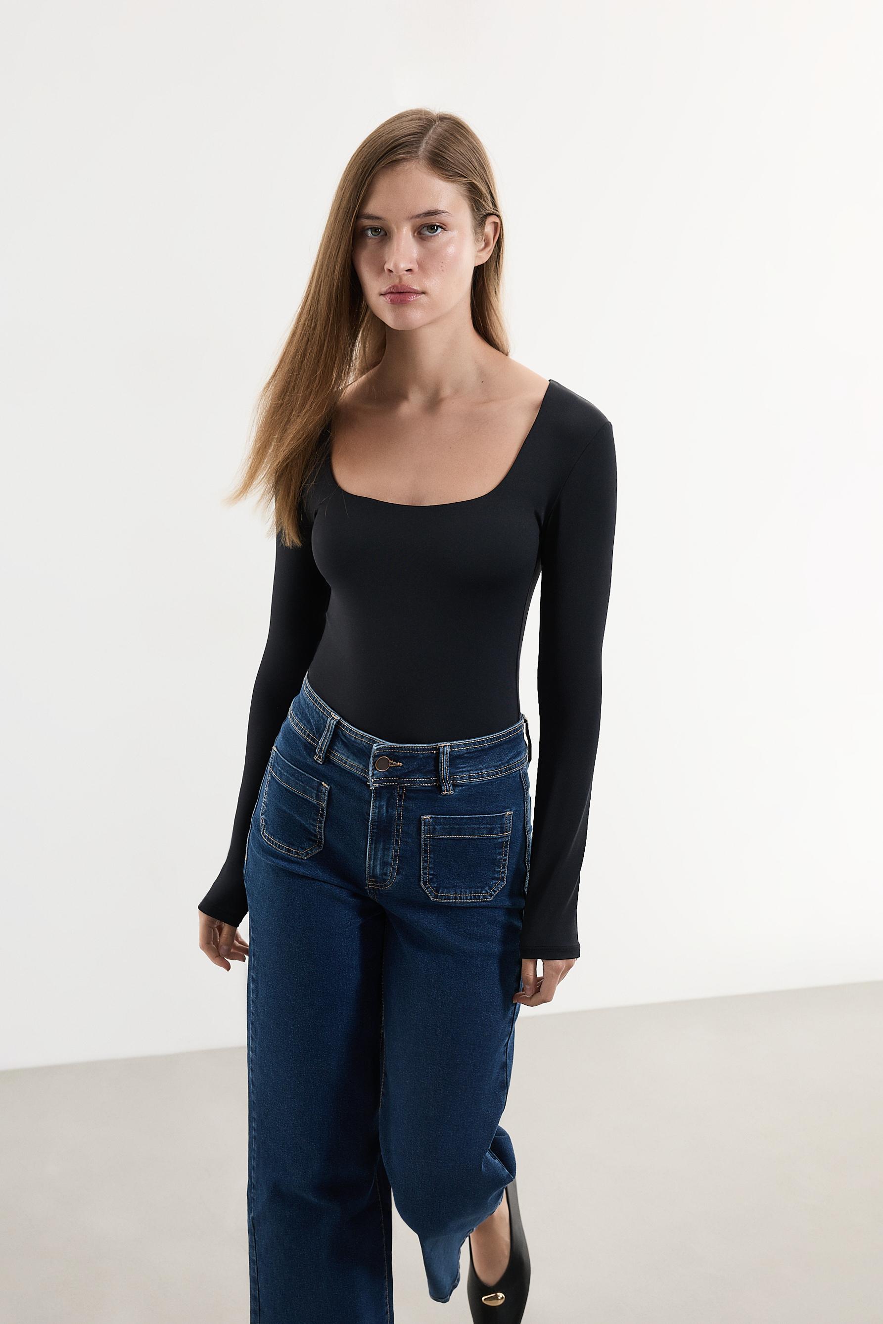 Polyamide square neckline bodysuit — BLACK