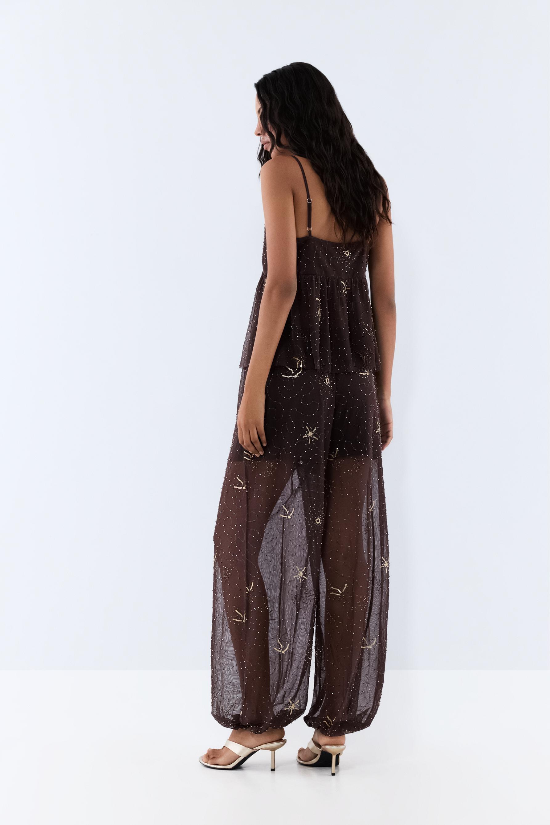 Rhinestone embroidered sarouel trousers — BROWN