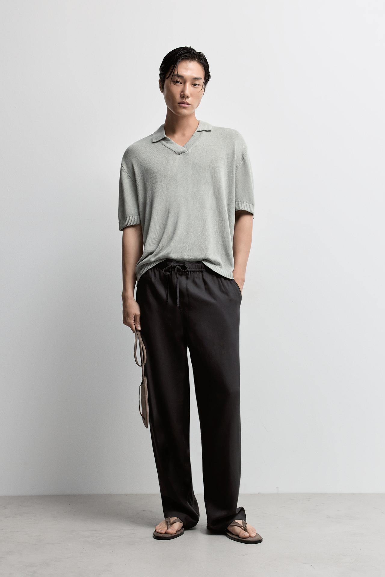 Linen blend knit polo shirt — WATER GREEN