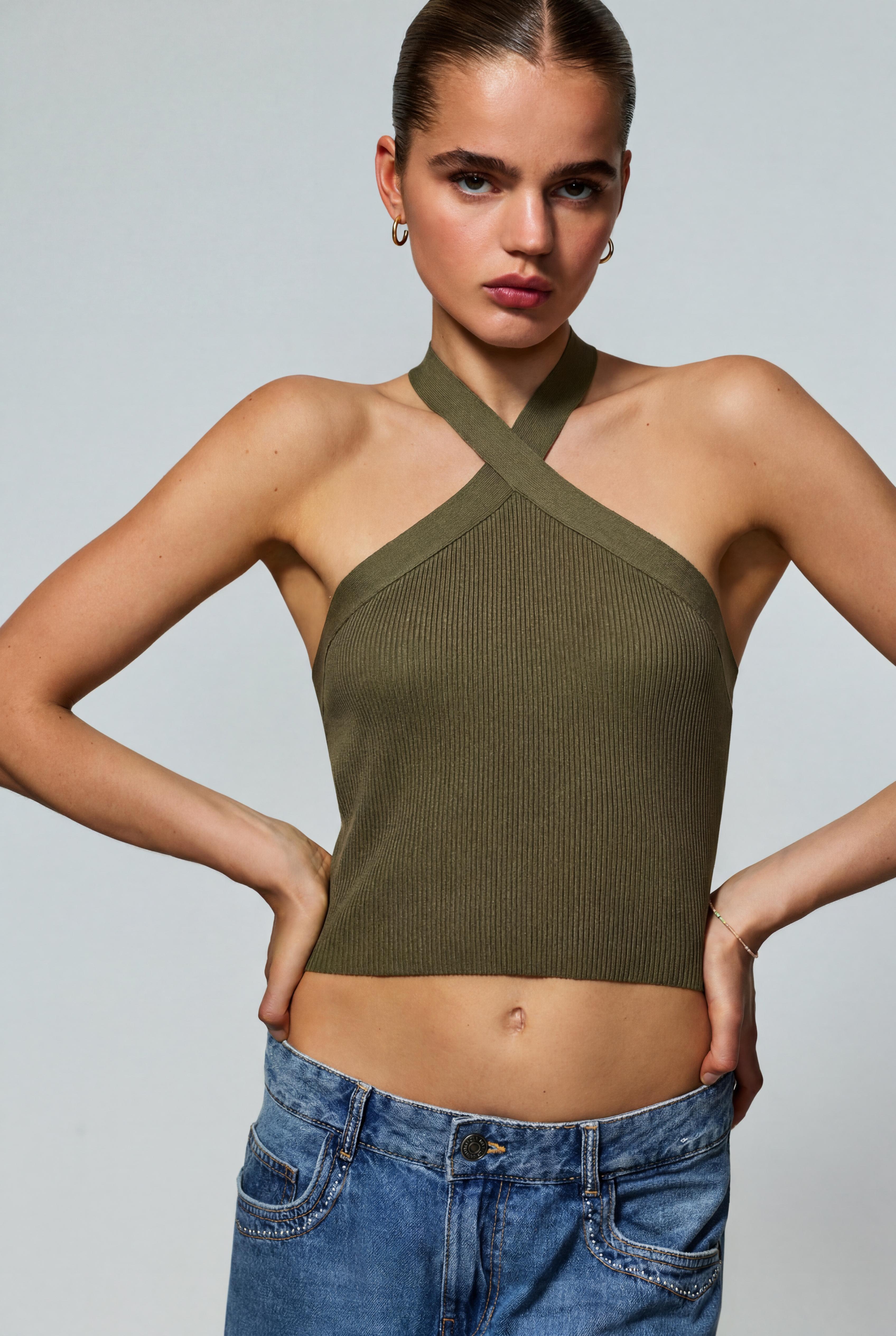 Criss-cross strap knit top — DARK KHAKI