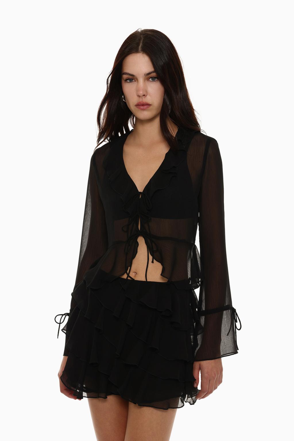 Semi-sheer shirt with ruffles