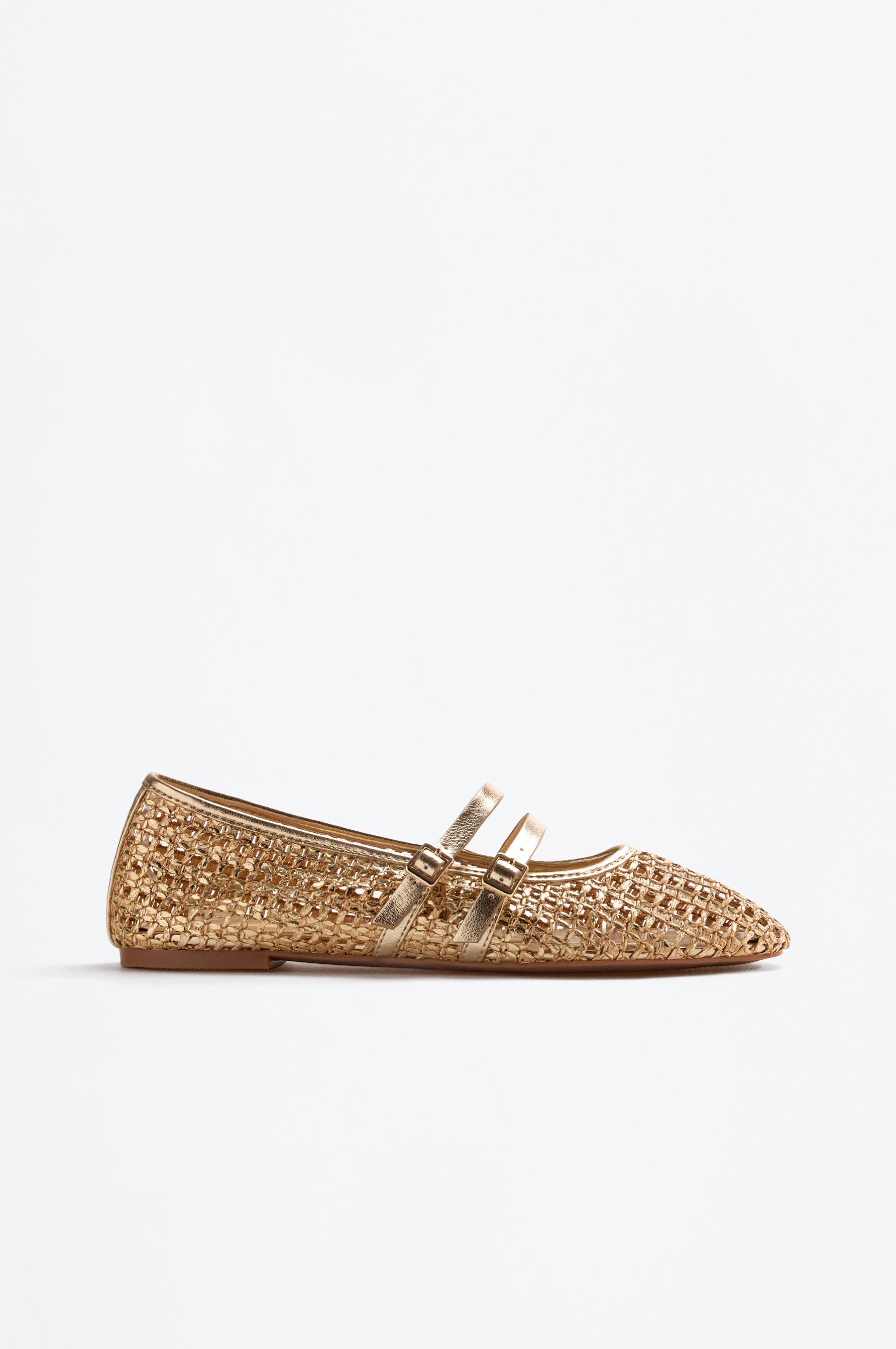 DOUBLE RAFFIA STRAP BALLET FLATS — GOLD