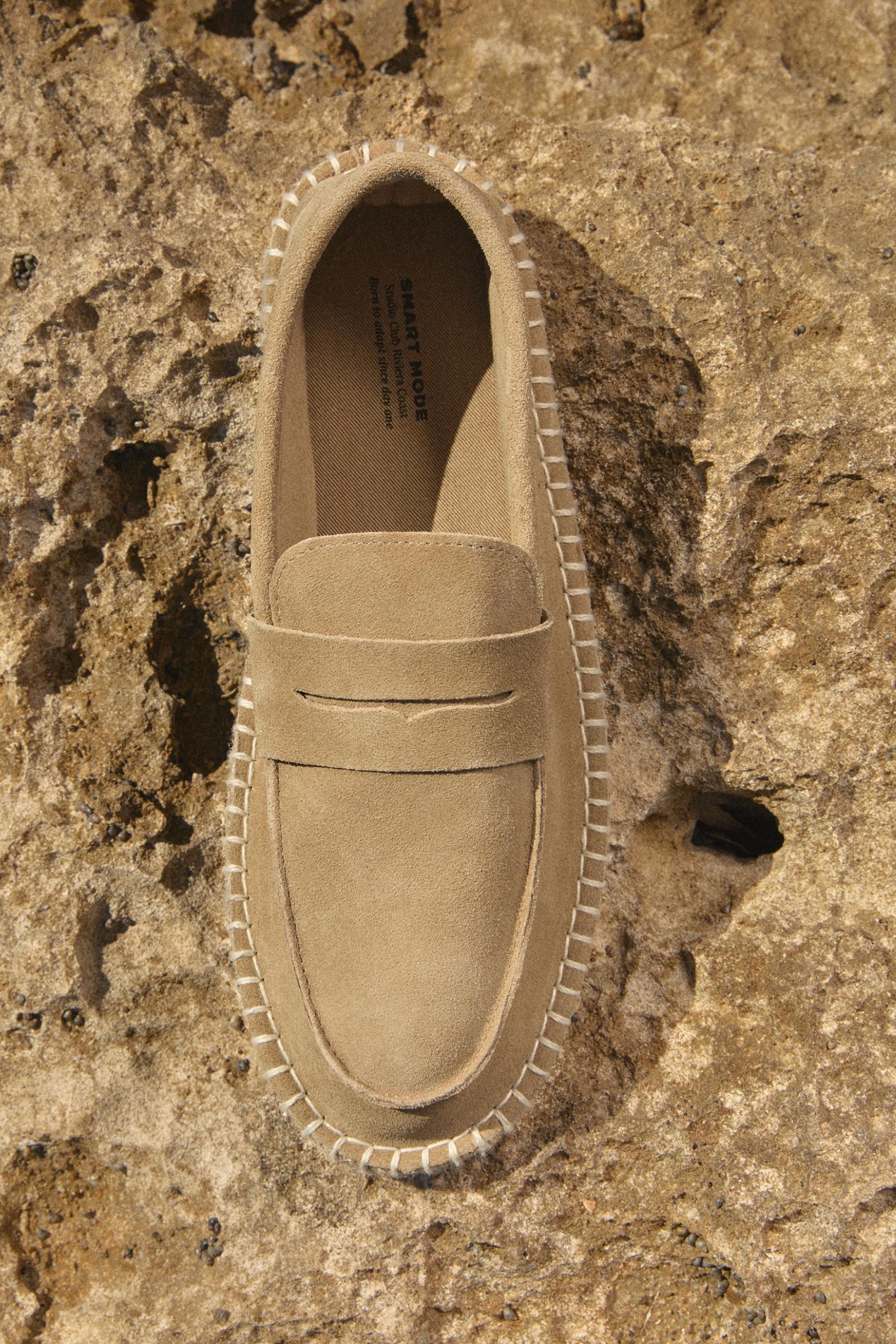 Leather moccasin with jute-effect sole — BEIGE