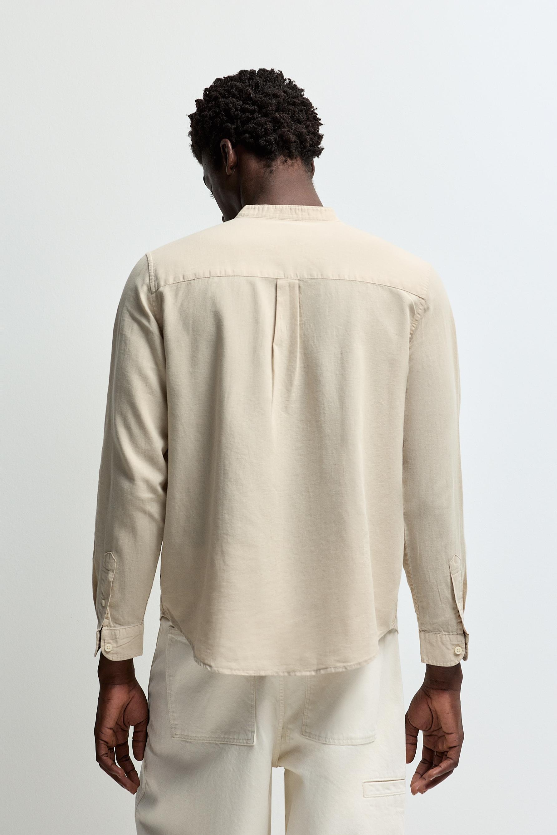 Linen and cotton stand collar shirt — BEIGE