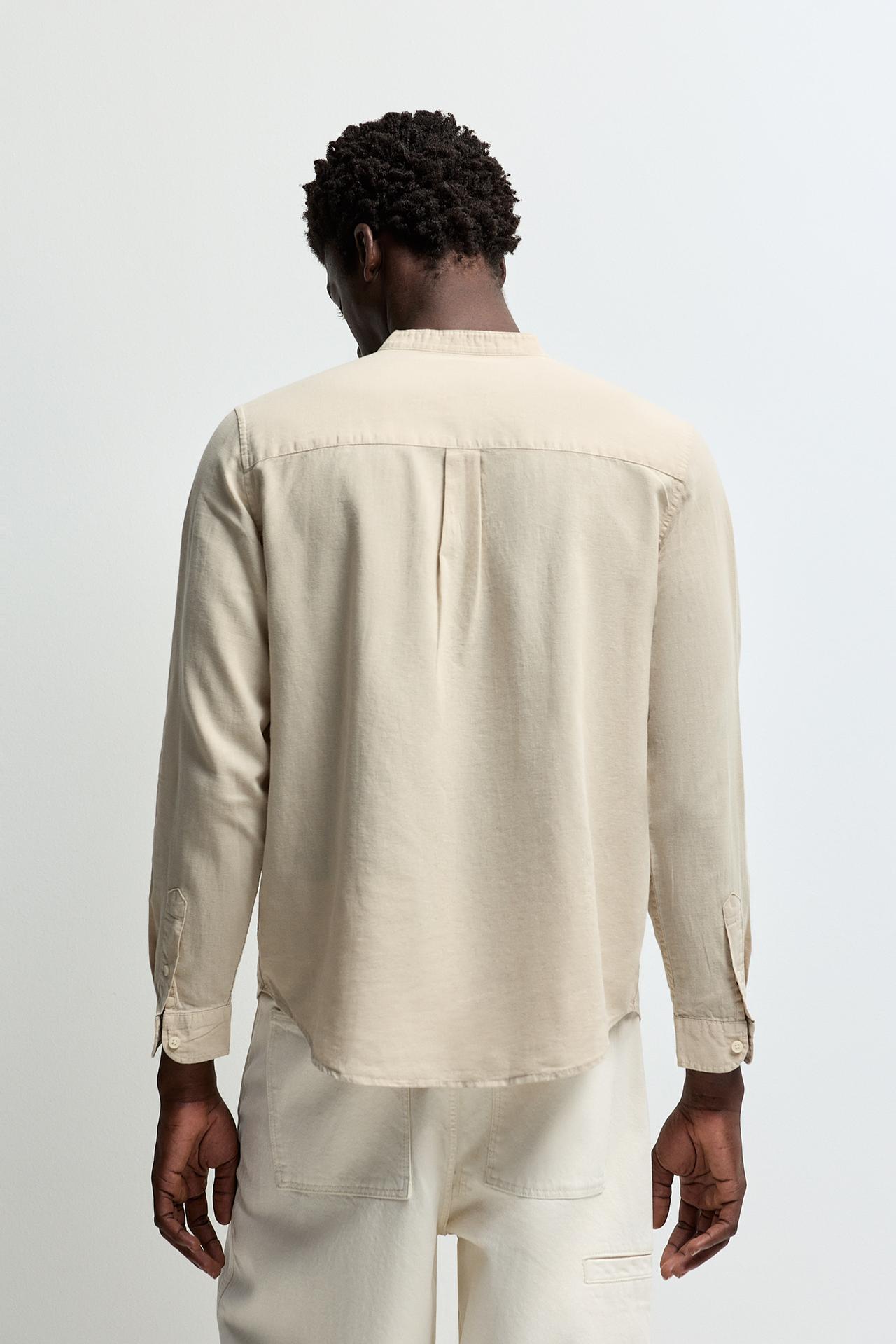 Linen and cotton stand collar shirt — BEIGE