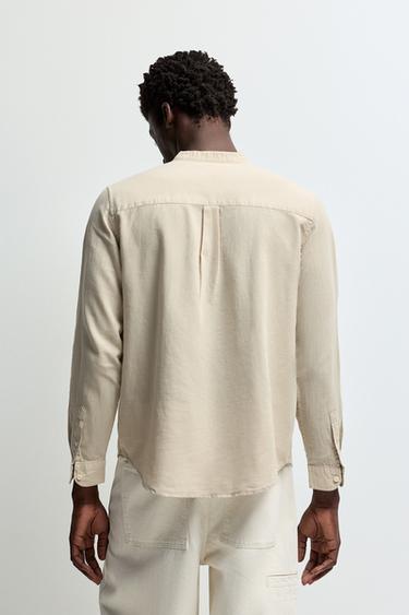 Linen and cotton stand collar shirt — BEIGE 4
