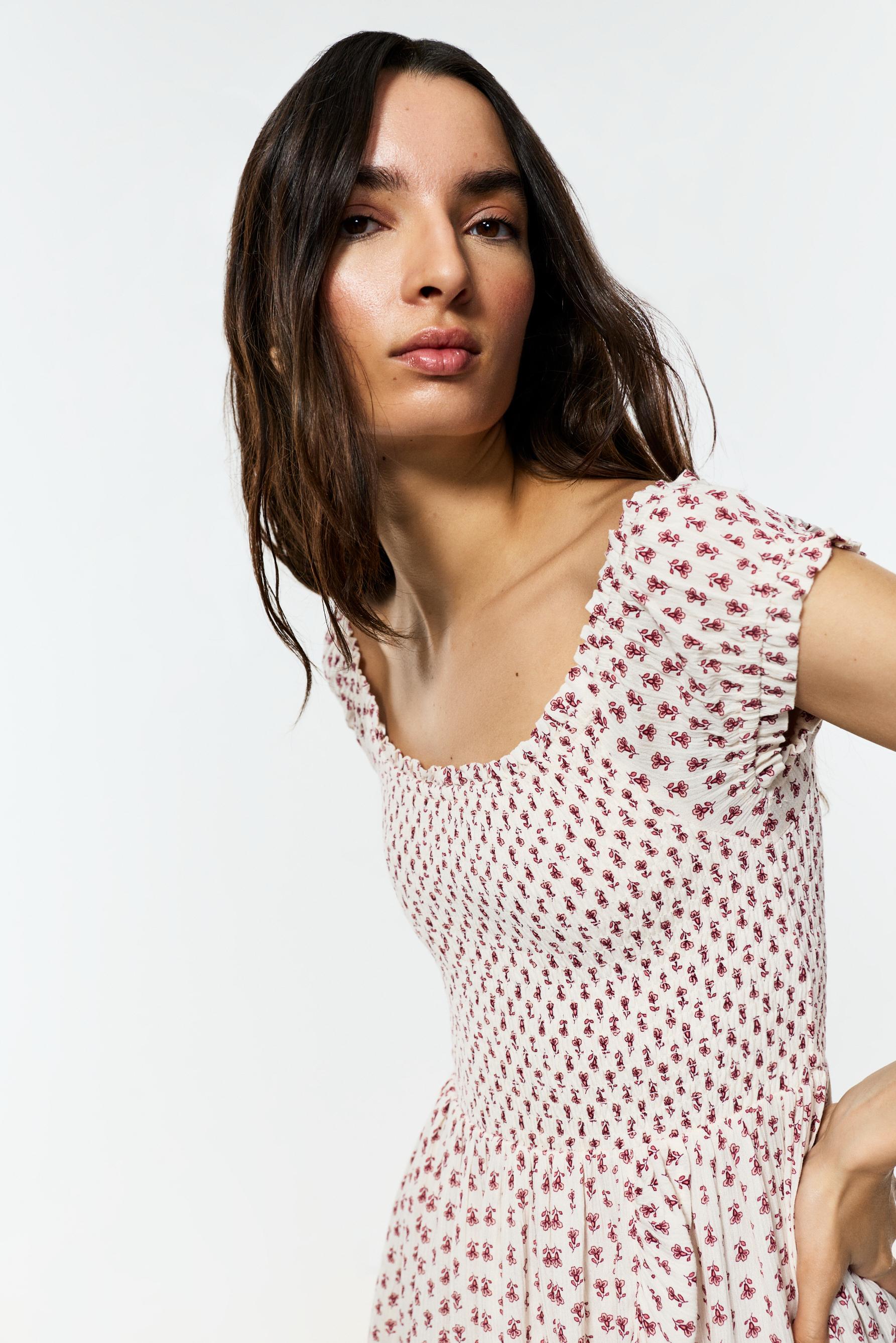 Smocked short dress — ECRU/MAROON