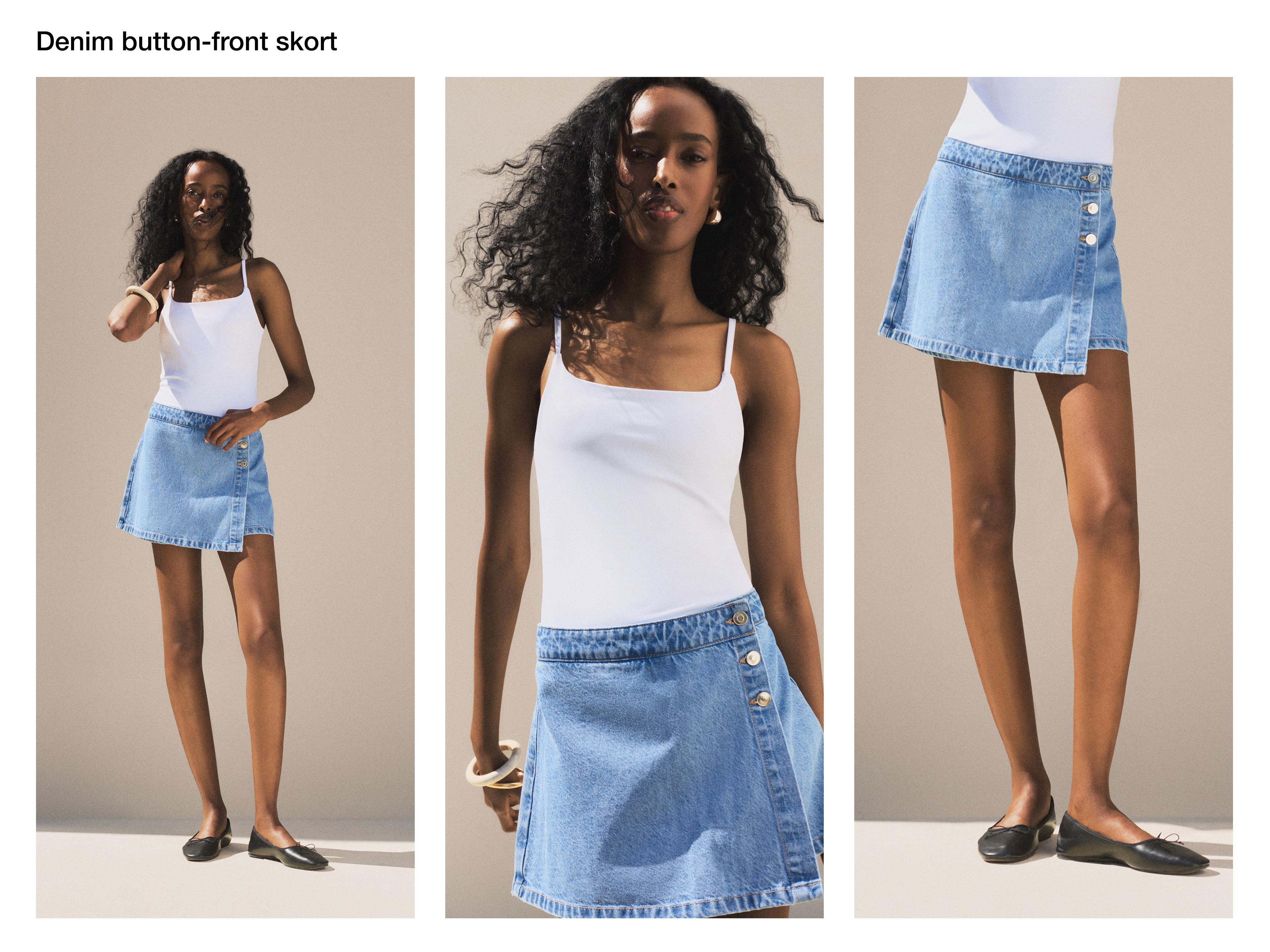 Denim button-front skort — FADED NAVY
