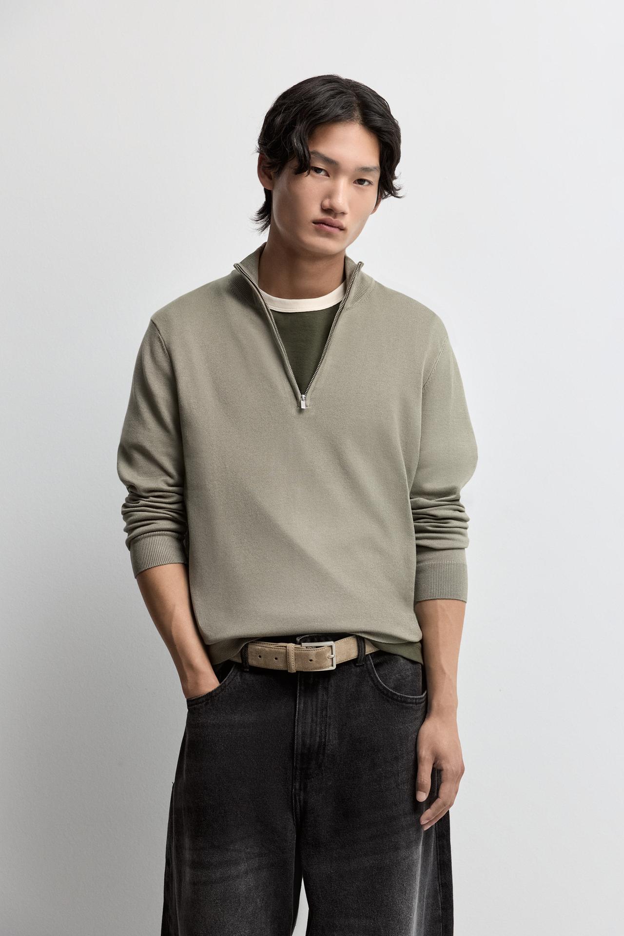 Zip-up high neck sweater — KHAKI