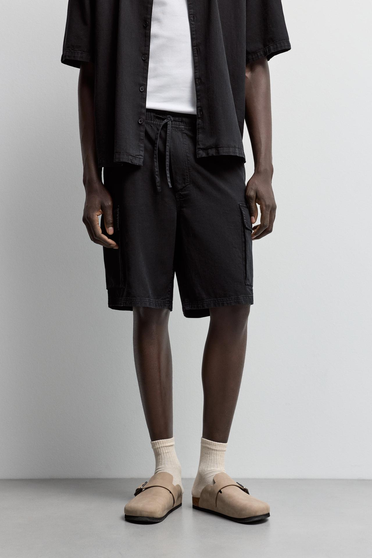 Cargo denim jogger Bermuda shorts — BLACK
