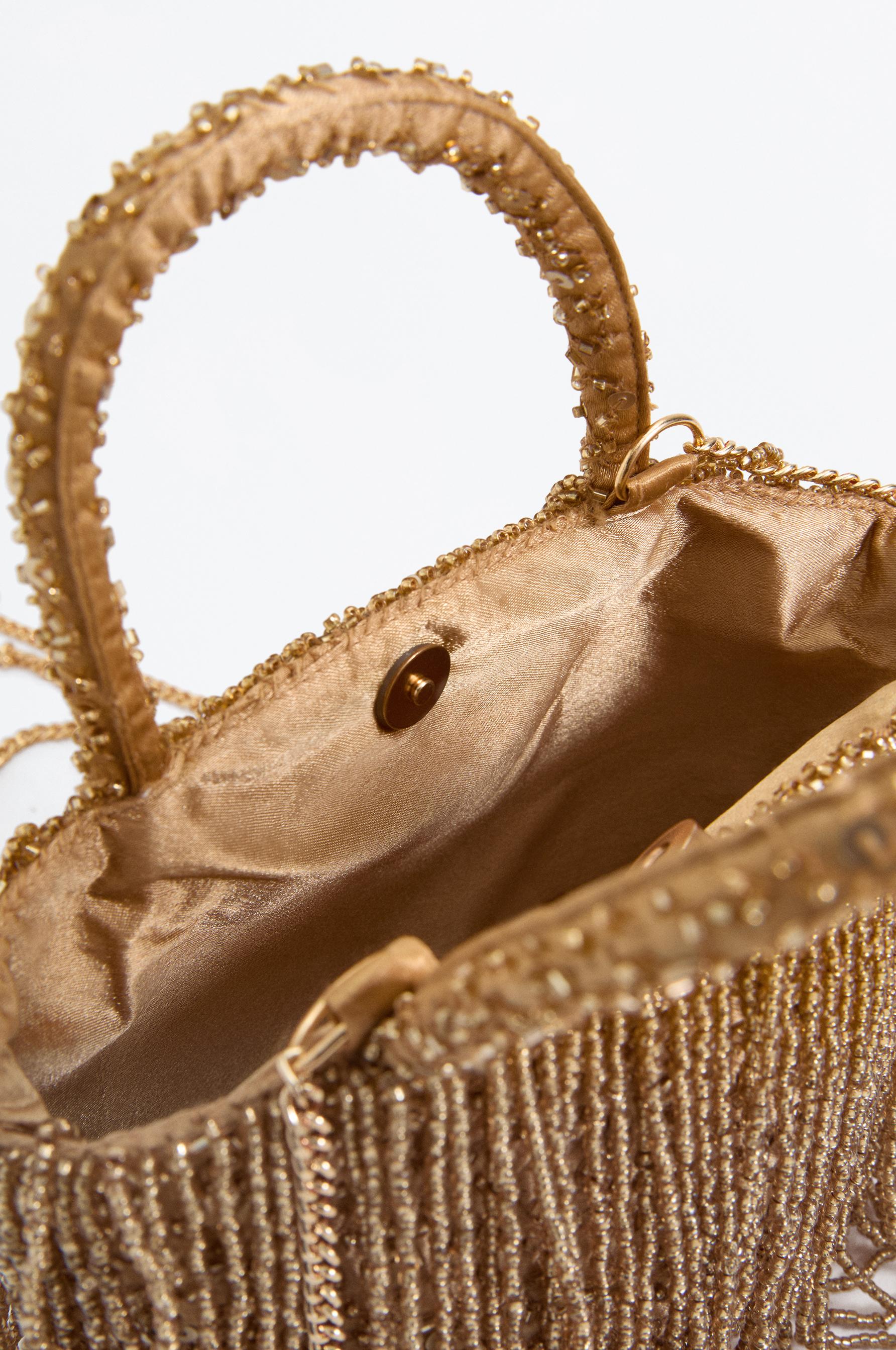Mini shopper bag with beads and fringe — GOLD