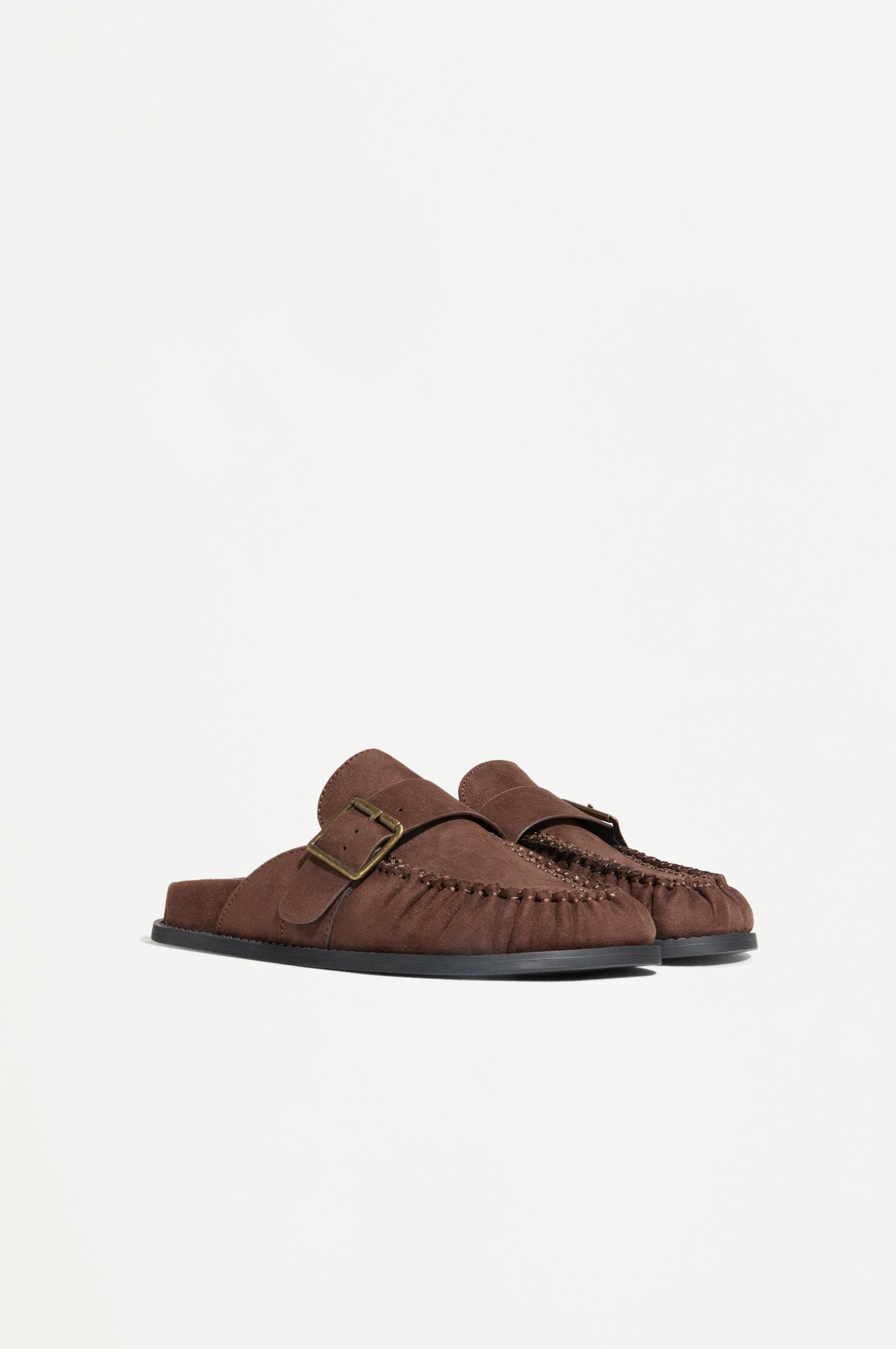 Faux suede buckle clogs — BROWN