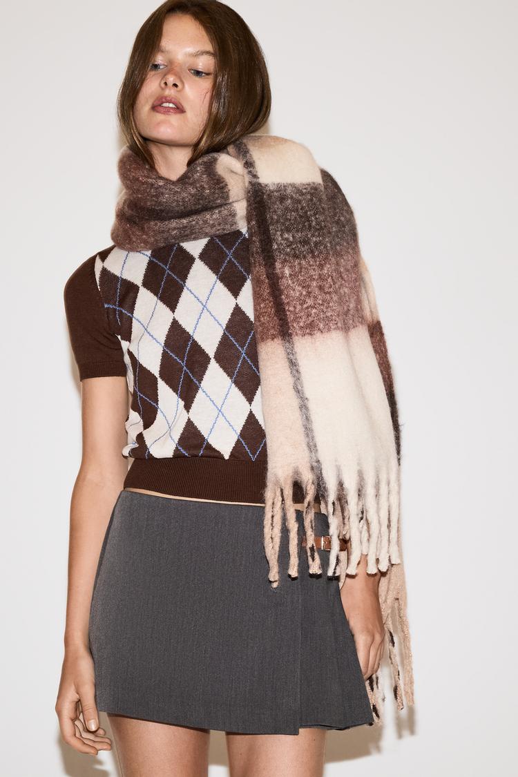 Check scarf — BROWN/ECRU